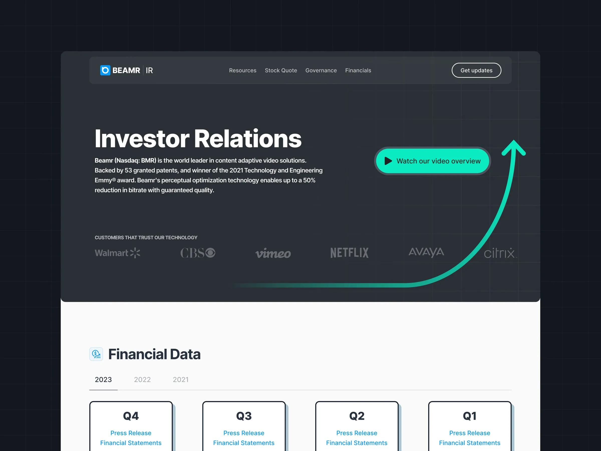 Beamr investor relations home page hero