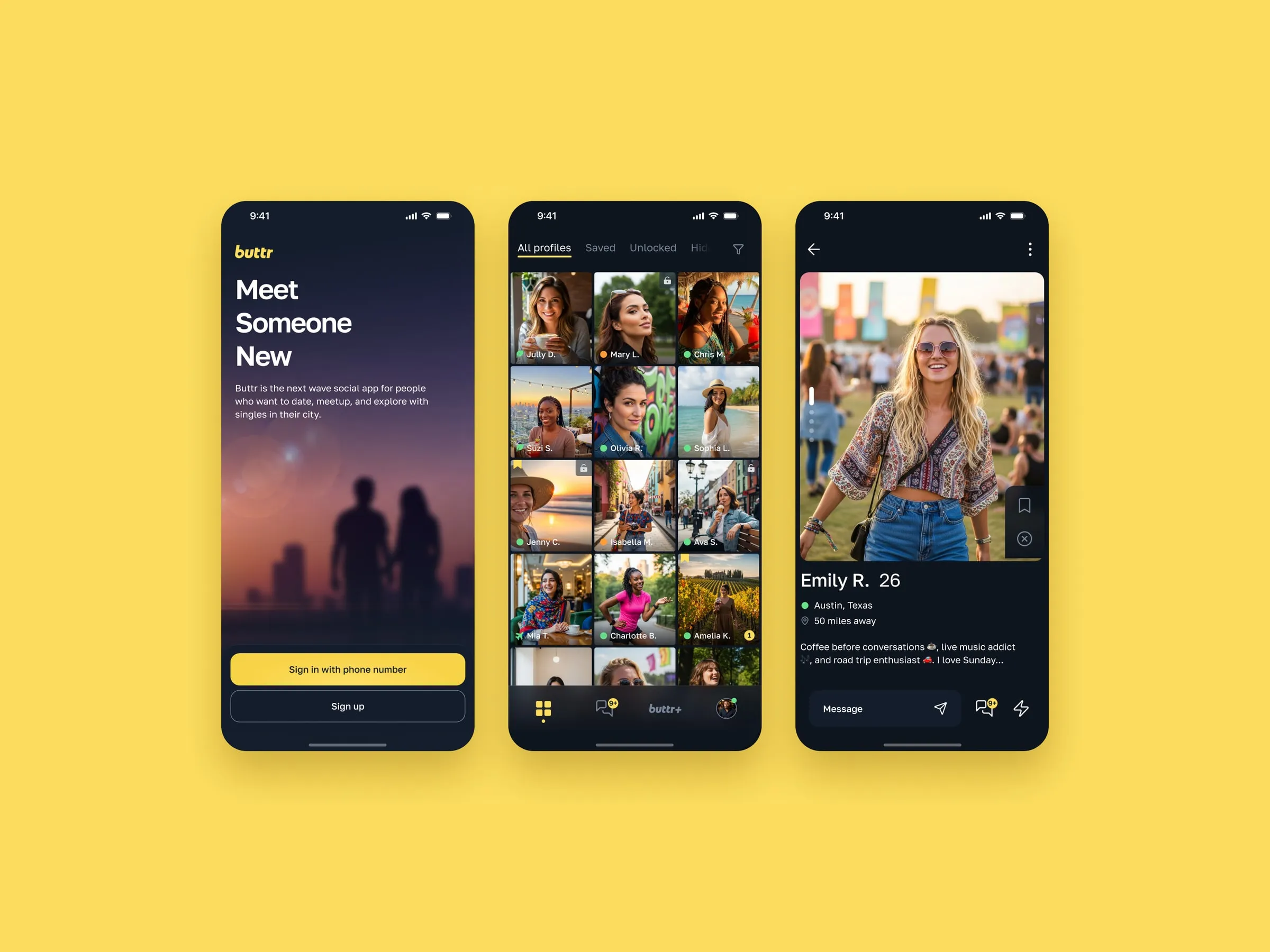 Buttr app screens on a butter-yellow background