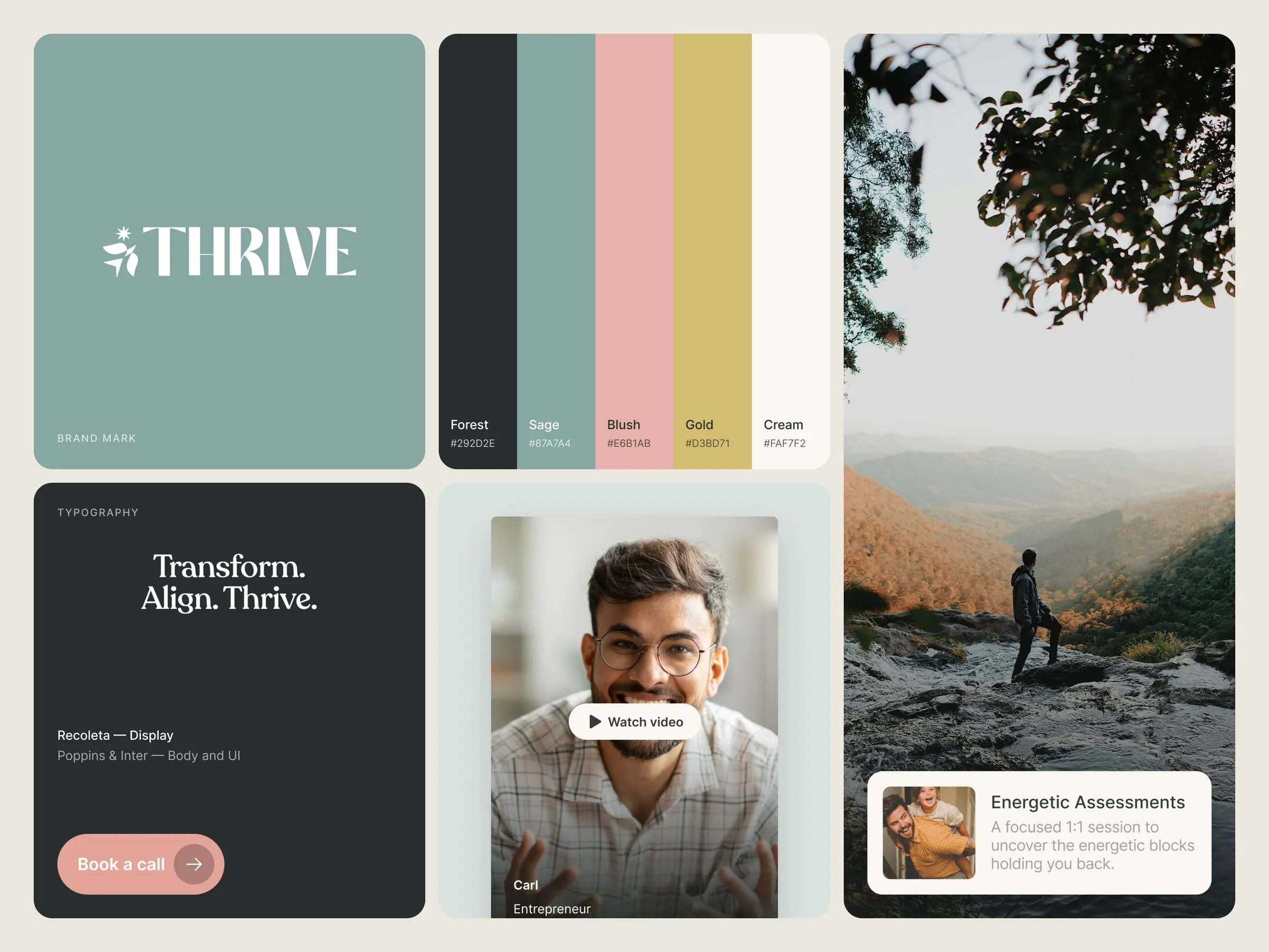 Thrive brand details, logo, forest, sage, blush, gold and cream colors, Recoleta and Poppins type, and photography