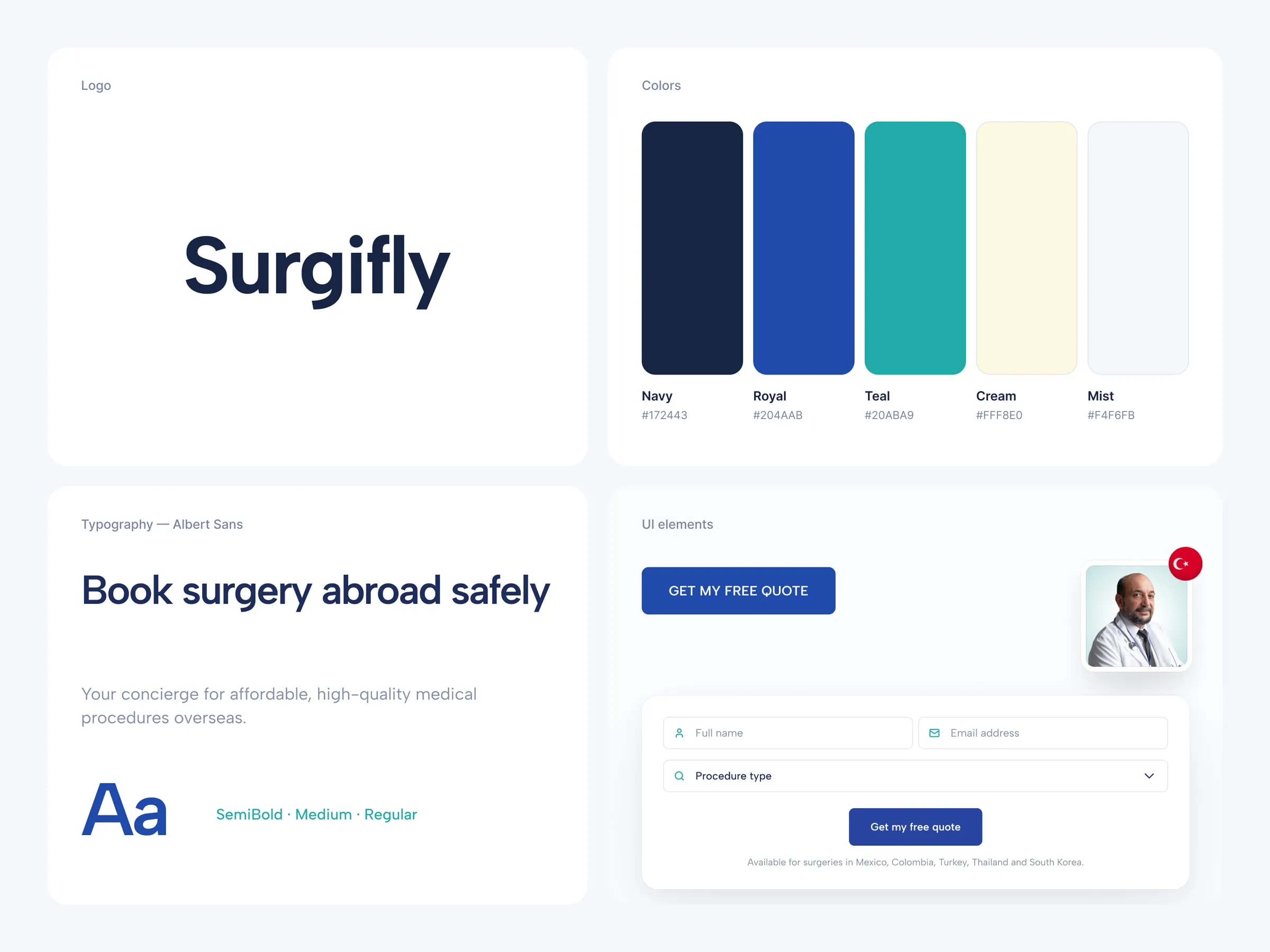 Surgifly brand details, wordmark, navy, royal, teal, cream and mist colors, Albert Sans type and UI elements