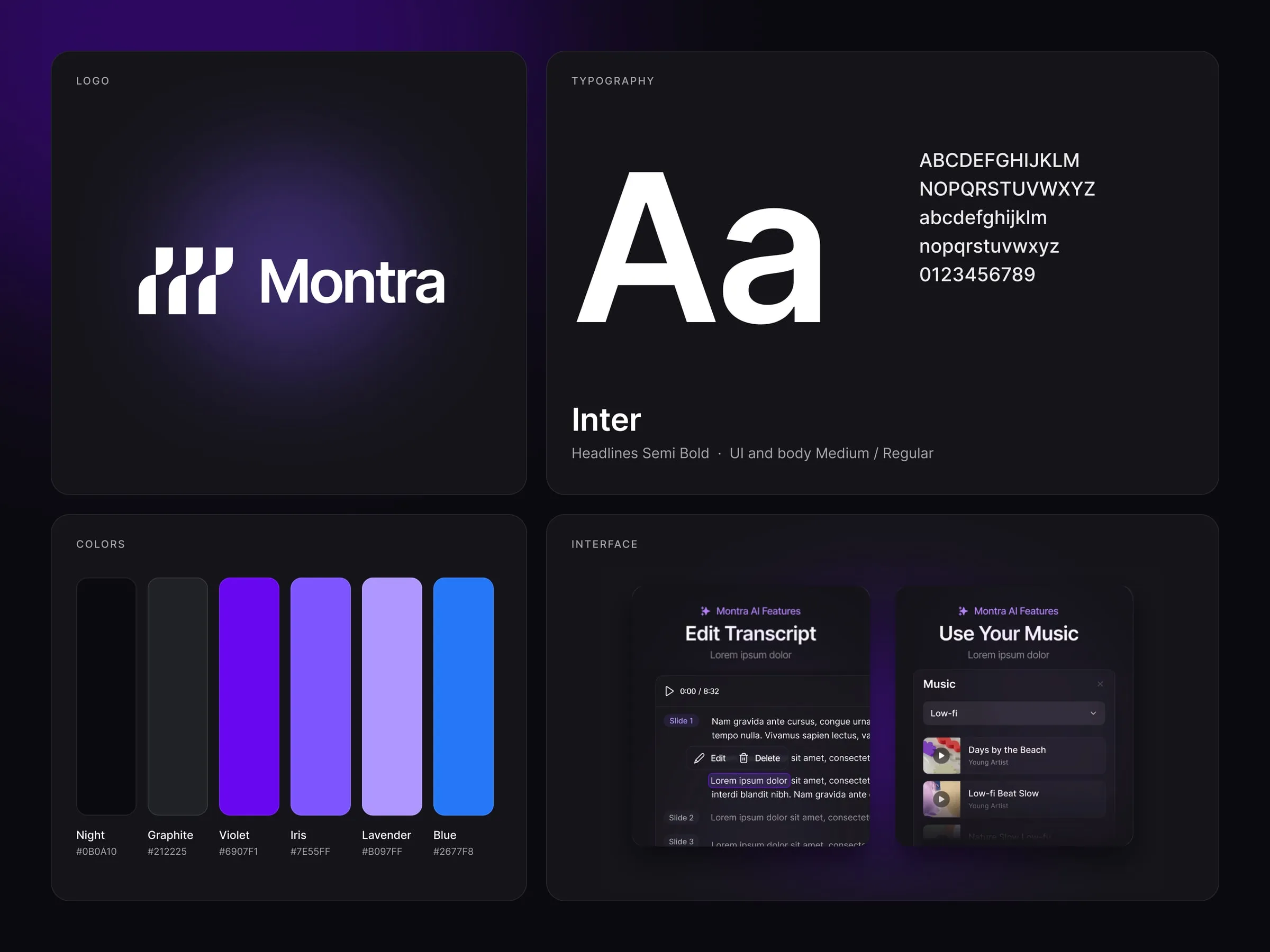Montra brand details, logo, Inter type, violet palette and product UI
