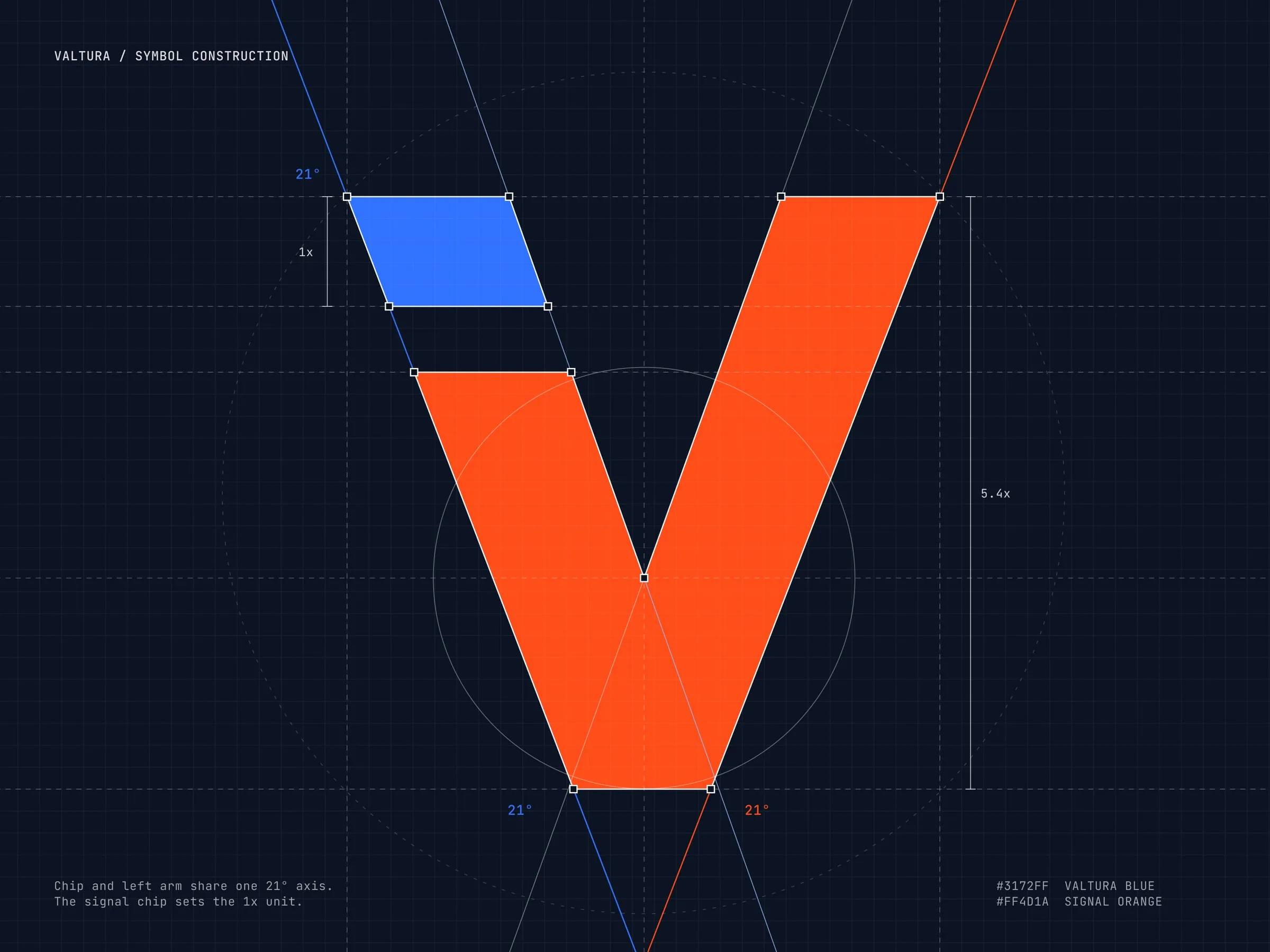 Valtura logo construction, the V symbol drawn on a grid with its angles