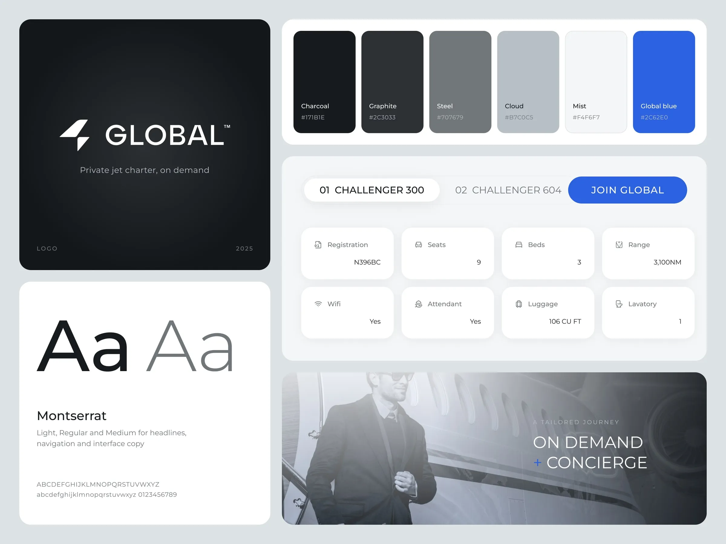Global brand details, logo, monochrome palette with a blue accent, Montserrat type, fleet specs and concierge imagery