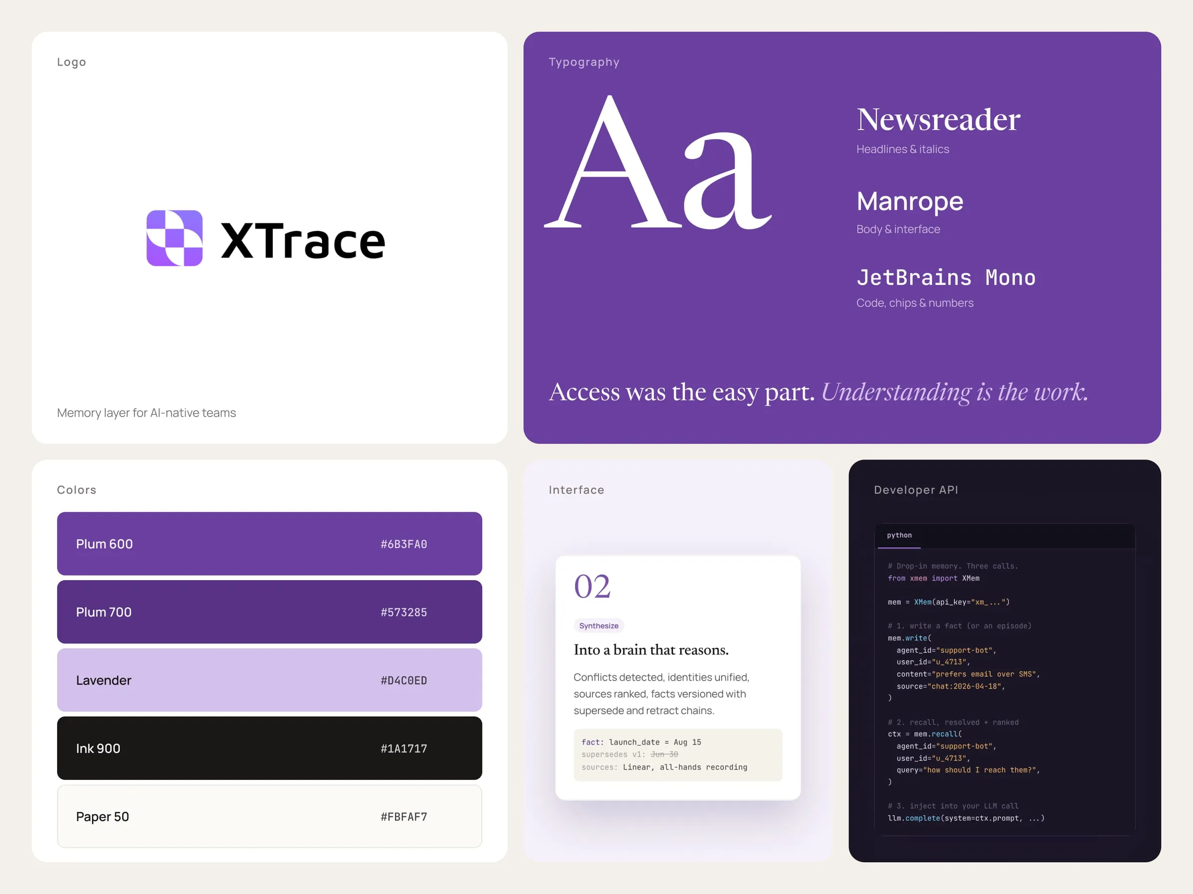 XTrace brand details, logo, Newsreader, Manrope and JetBrains Mono type, colors, interface and developer API