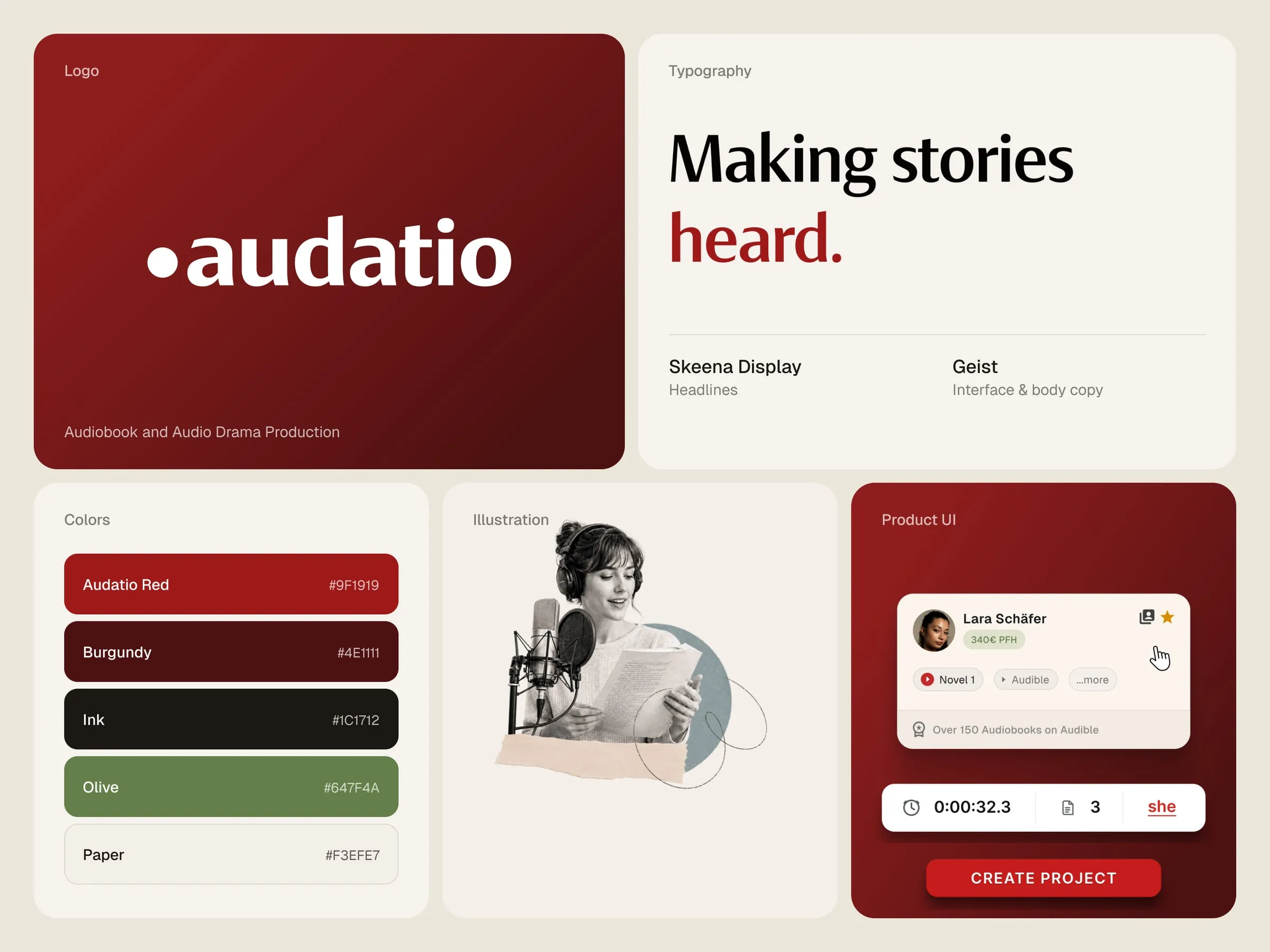 Audatio brand details, logo, Skeena Display and Geist type, colors, illustration and product UI