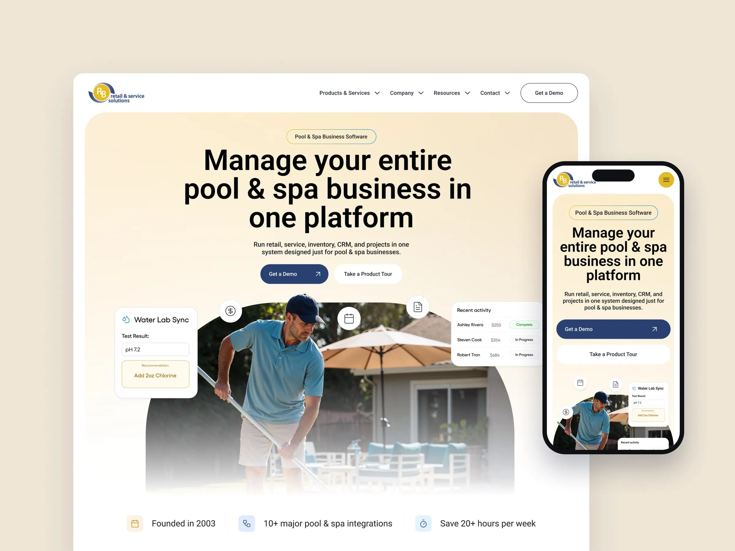 RB Pool & Spa home page hero on desktop and mobile