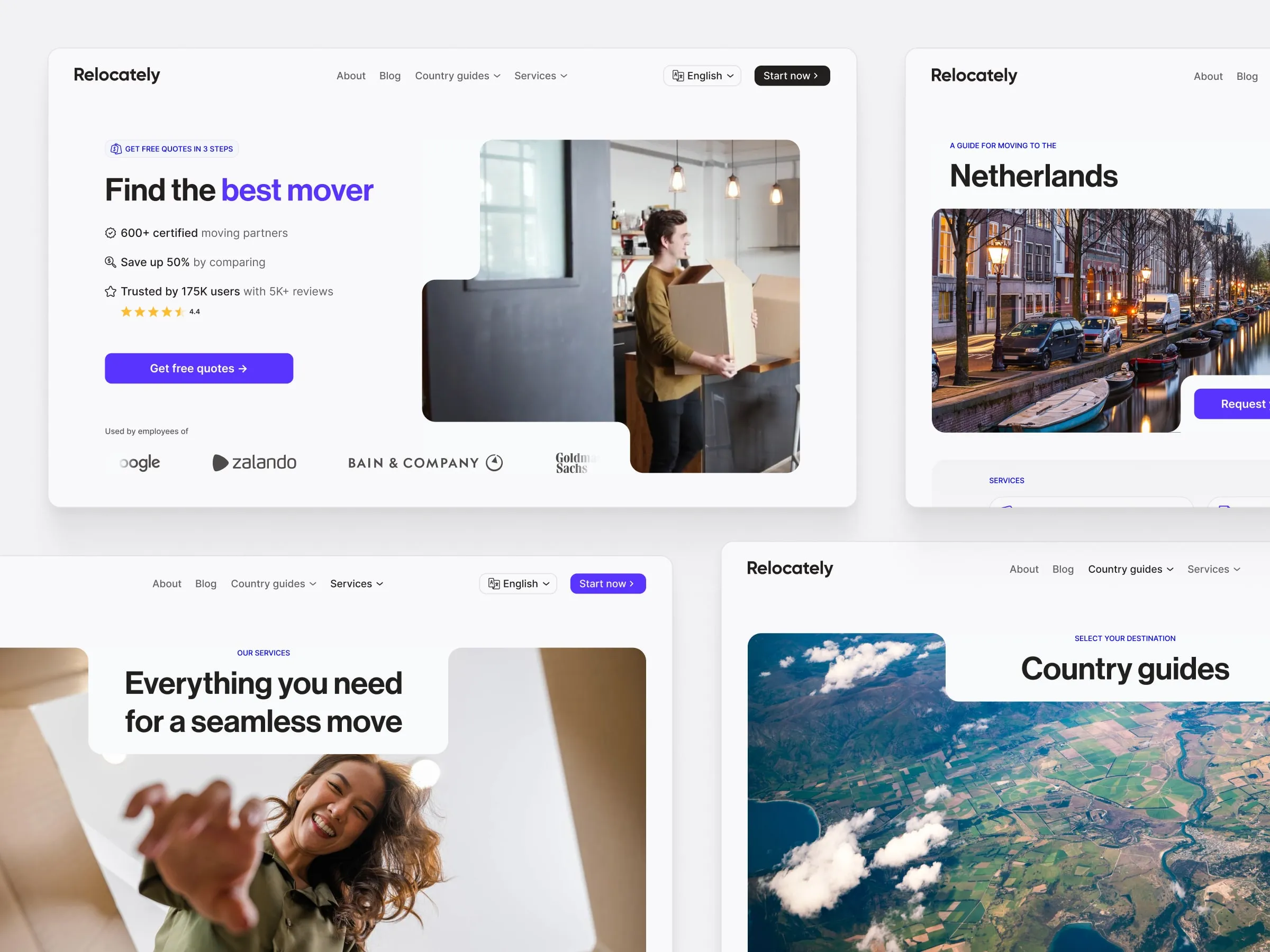 Relocately home page, Netherlands guide, services and country guides pages