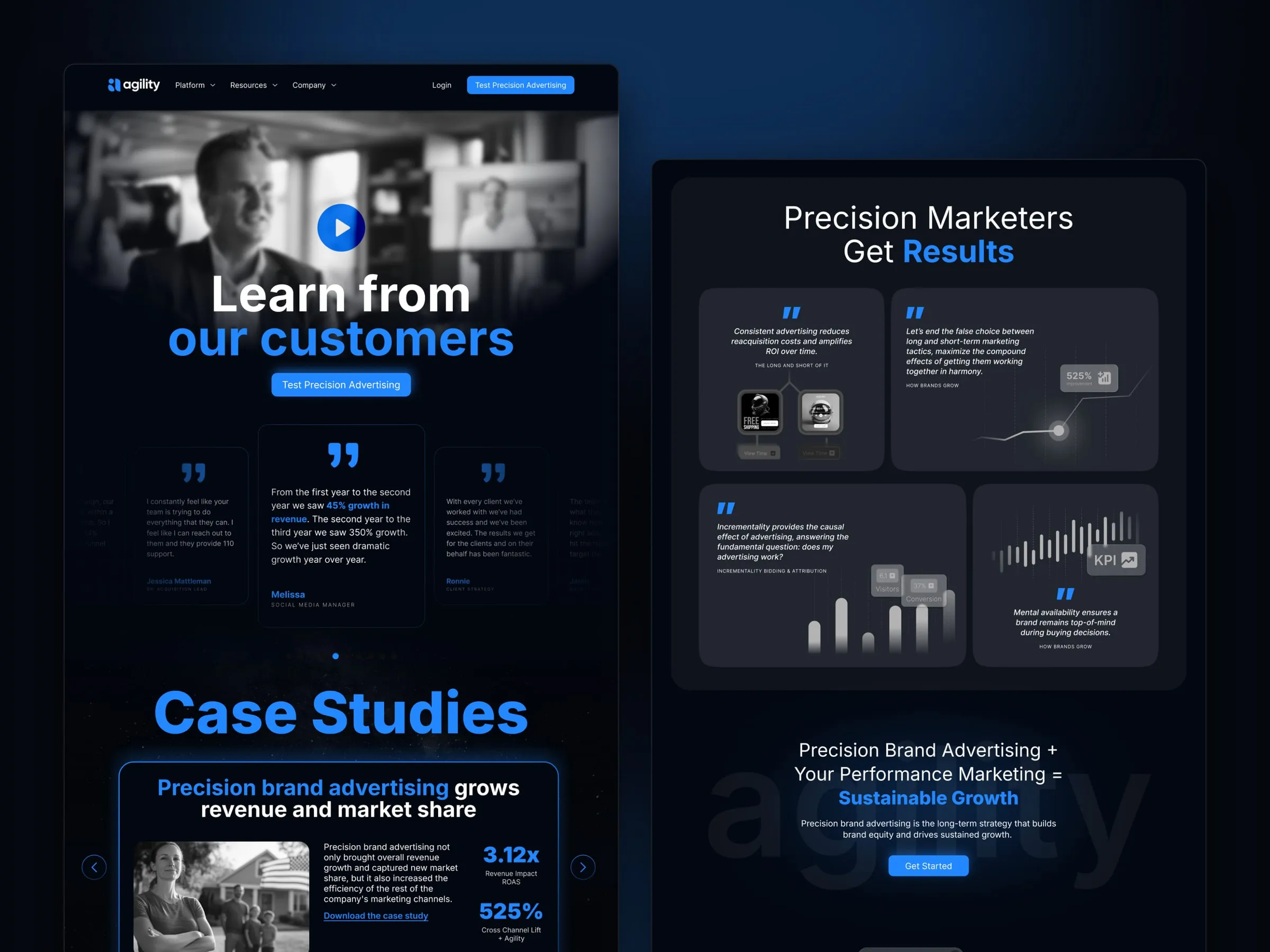 Agility testimonials, case studies and home page sections