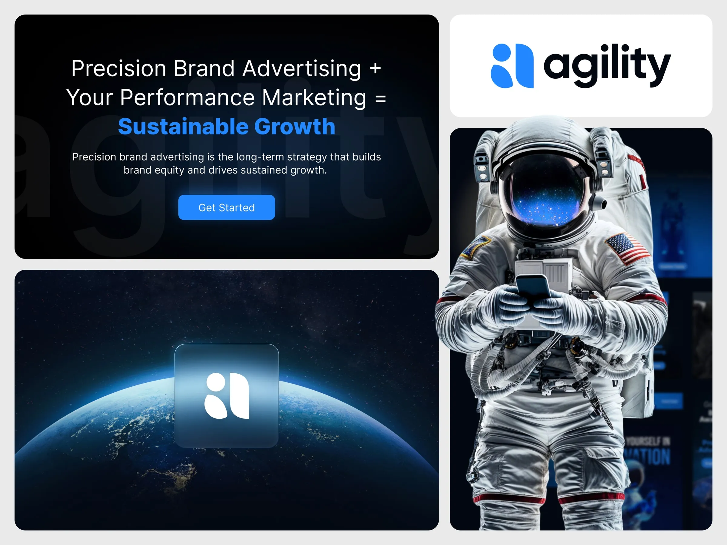 Agility brand cards with the logo, an astronaut and the Earth