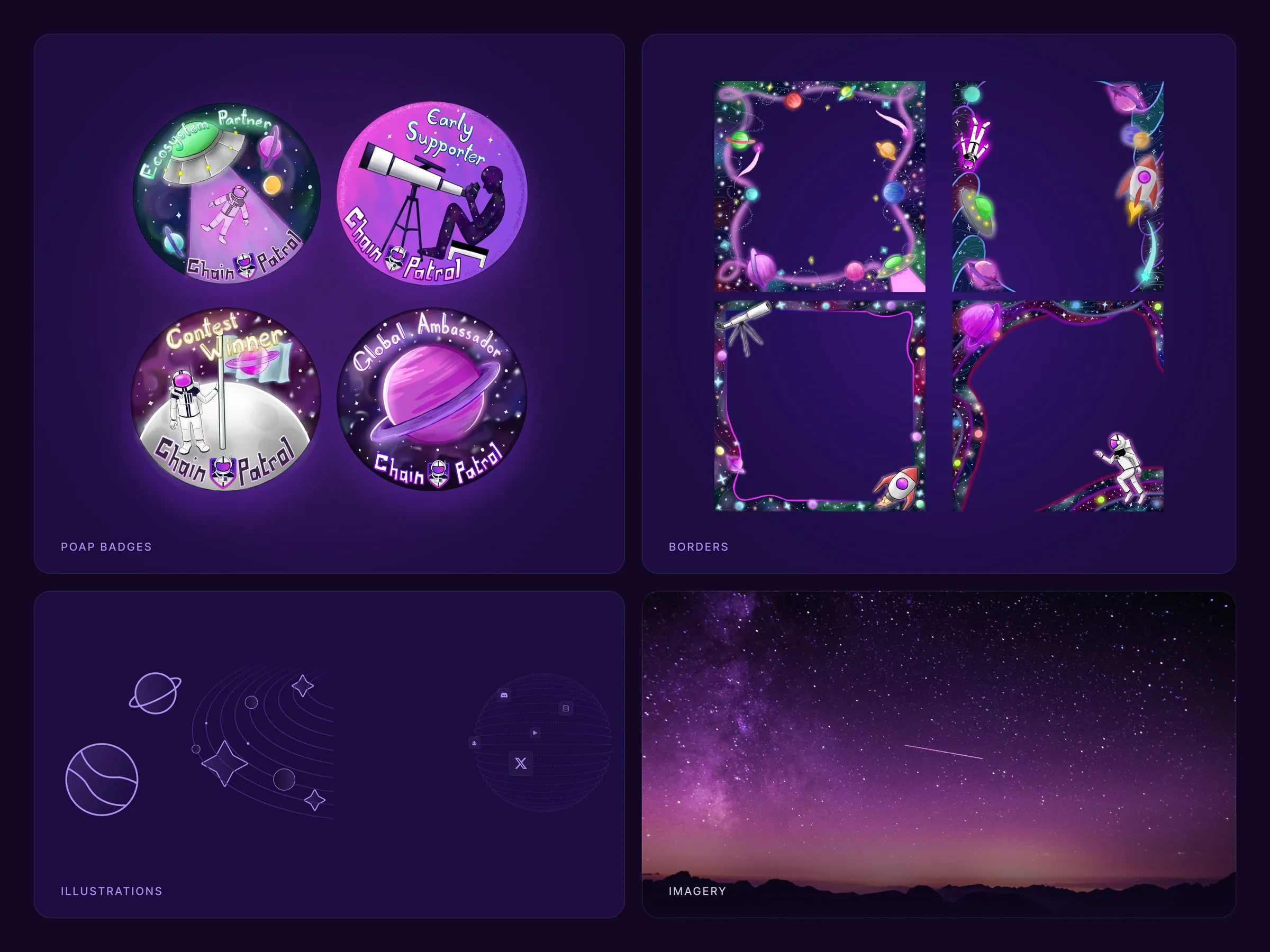 ChainPatrol brand kit assets, illustrated badges, borders, illustrations and imagery