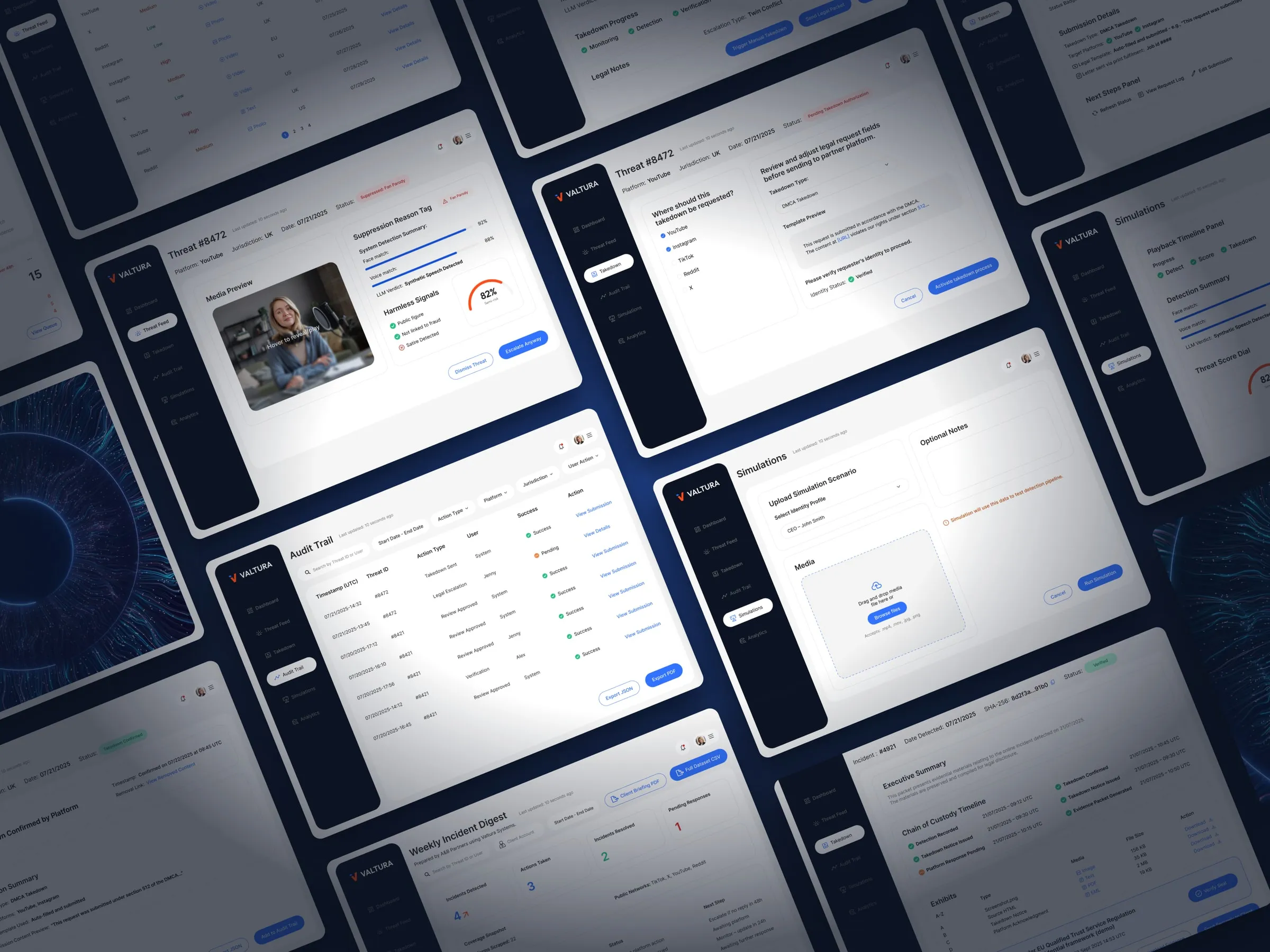 A wall of Valtura web app screens in perspective