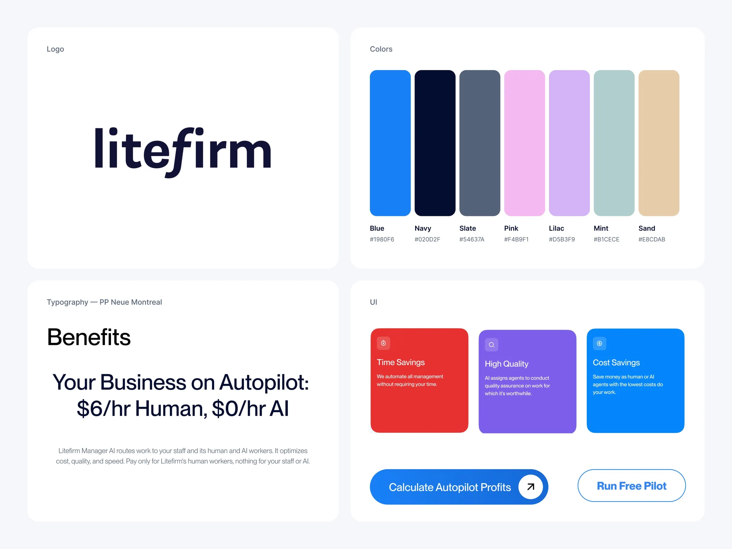 Litefirm brand details, logo, colors, PP Neue Montreal type and UI cards