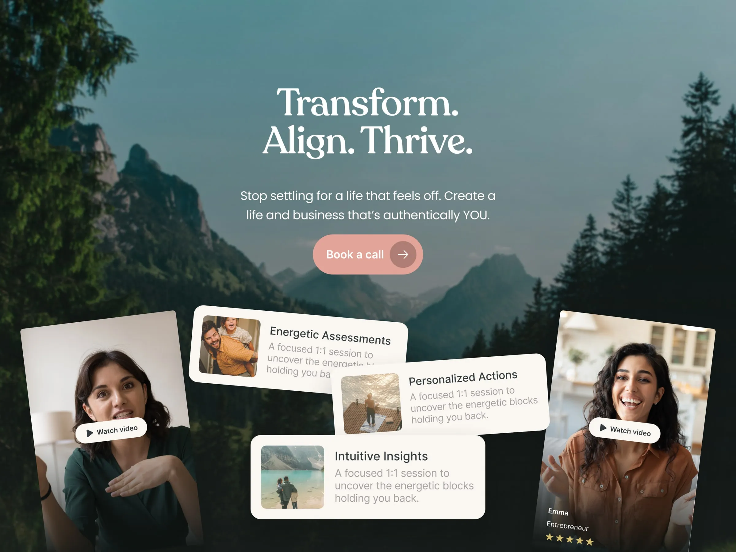 Thrive hero artwork over a mountain forest, with portraits and coaching session cards
