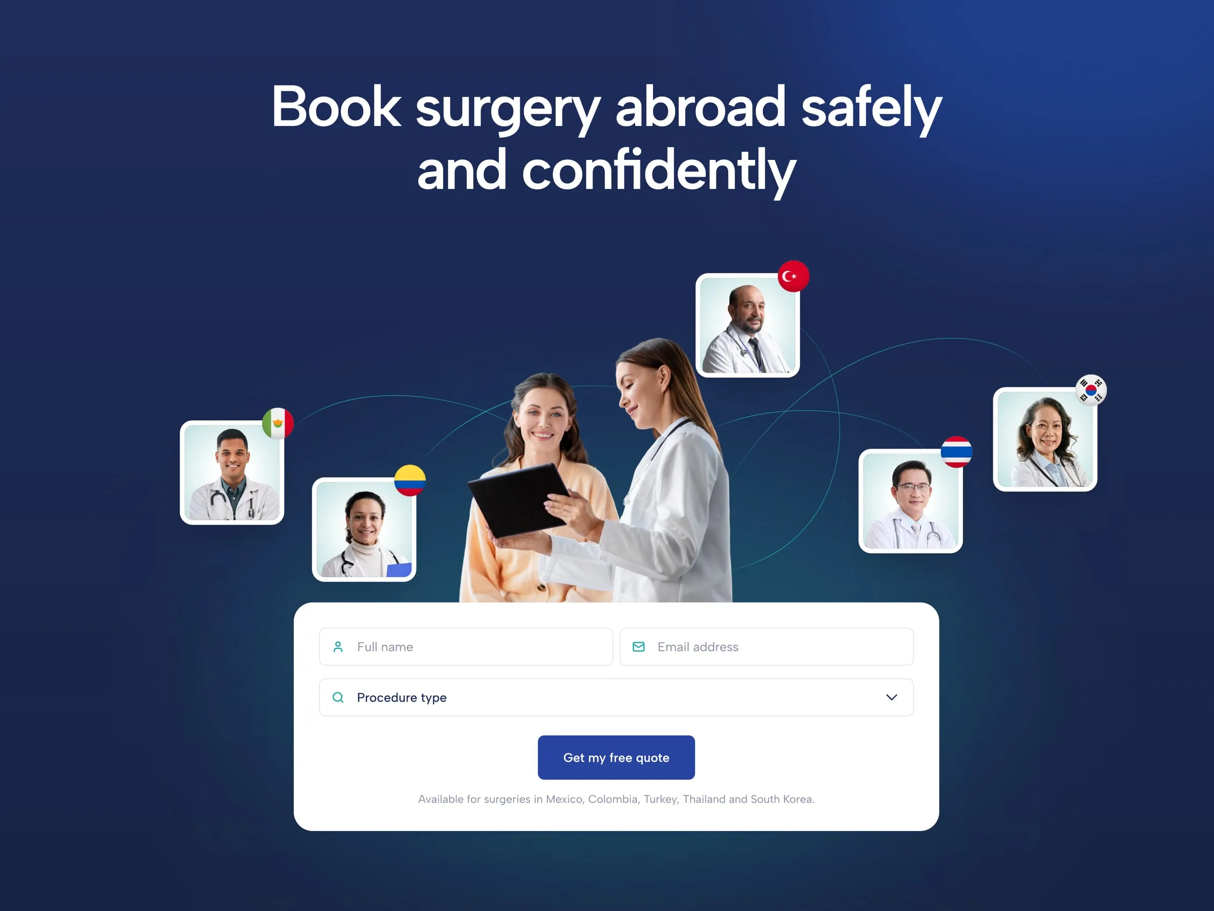 Surgifly artwork on navy with surgeons from each destination country around the quote form