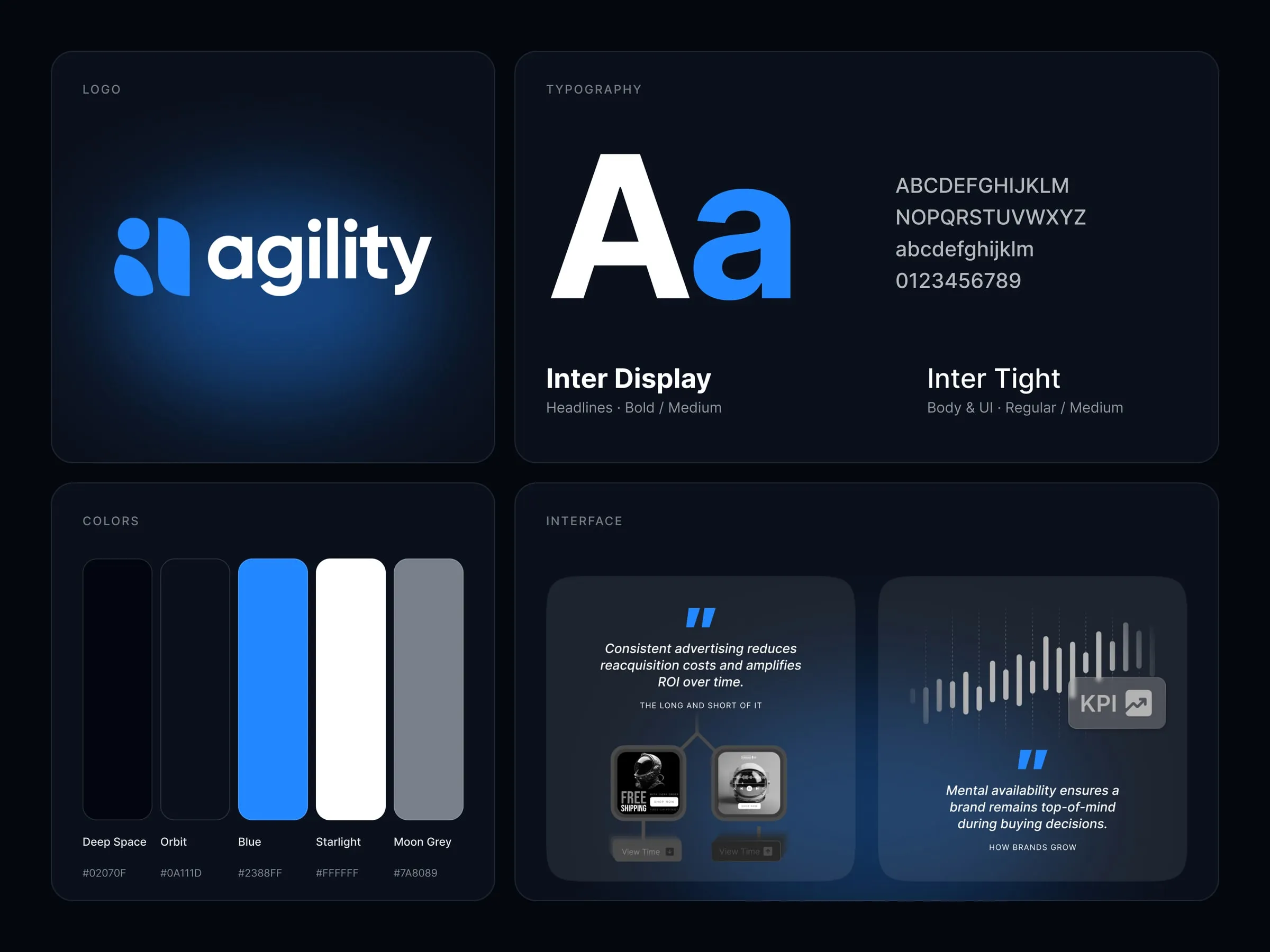 Agility brand elements, logo, Inter type, colors and interface cards