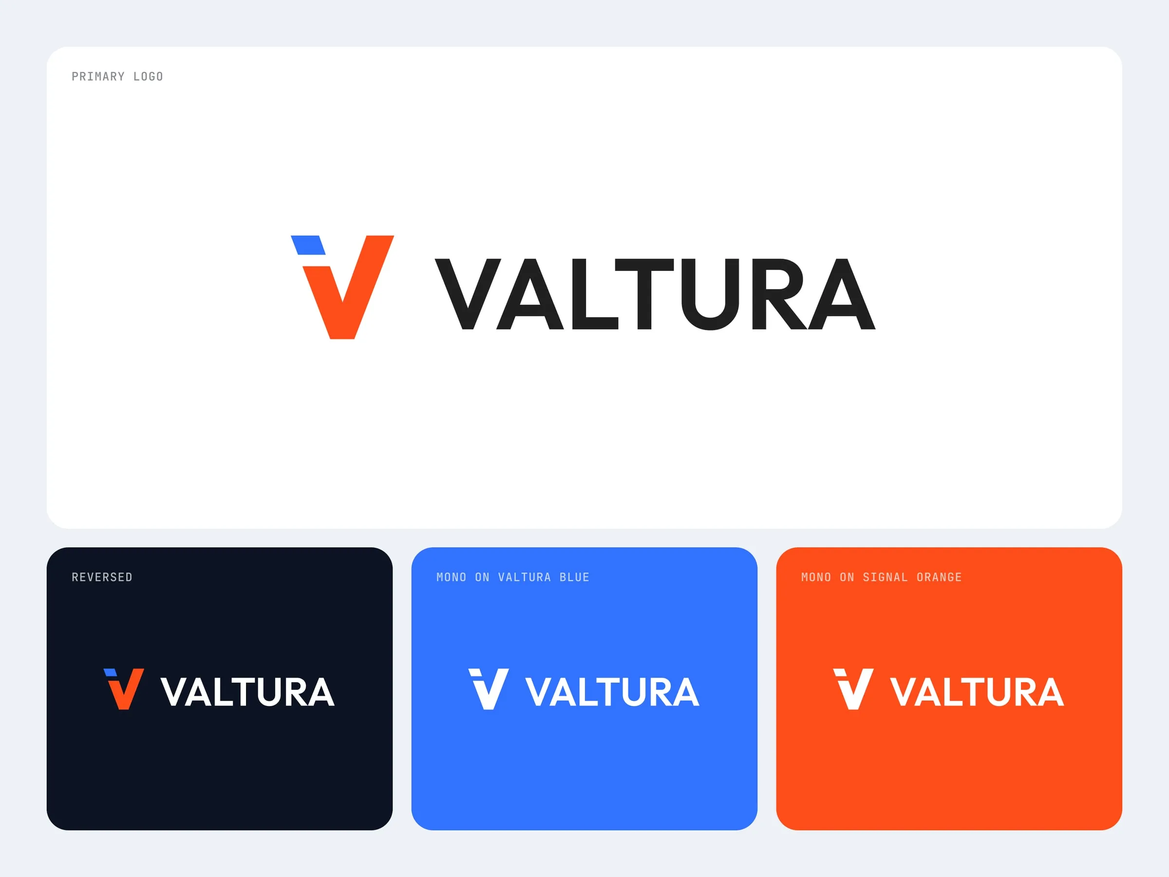 Valtura logo variations on white, midnight, Valtura Blue and Signal Orange