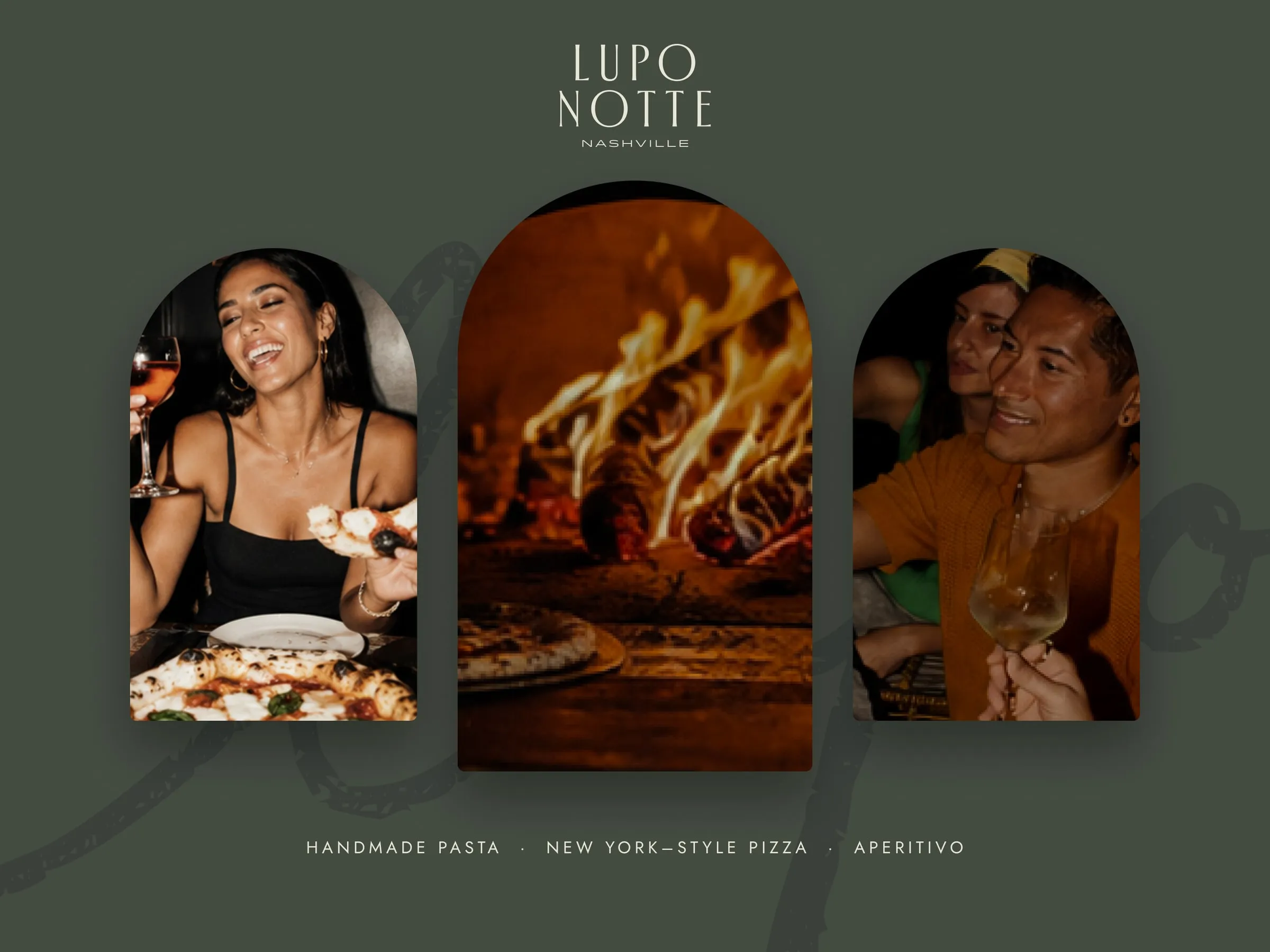 Lupo Notte arched photo frames of guests and the wood-fired oven