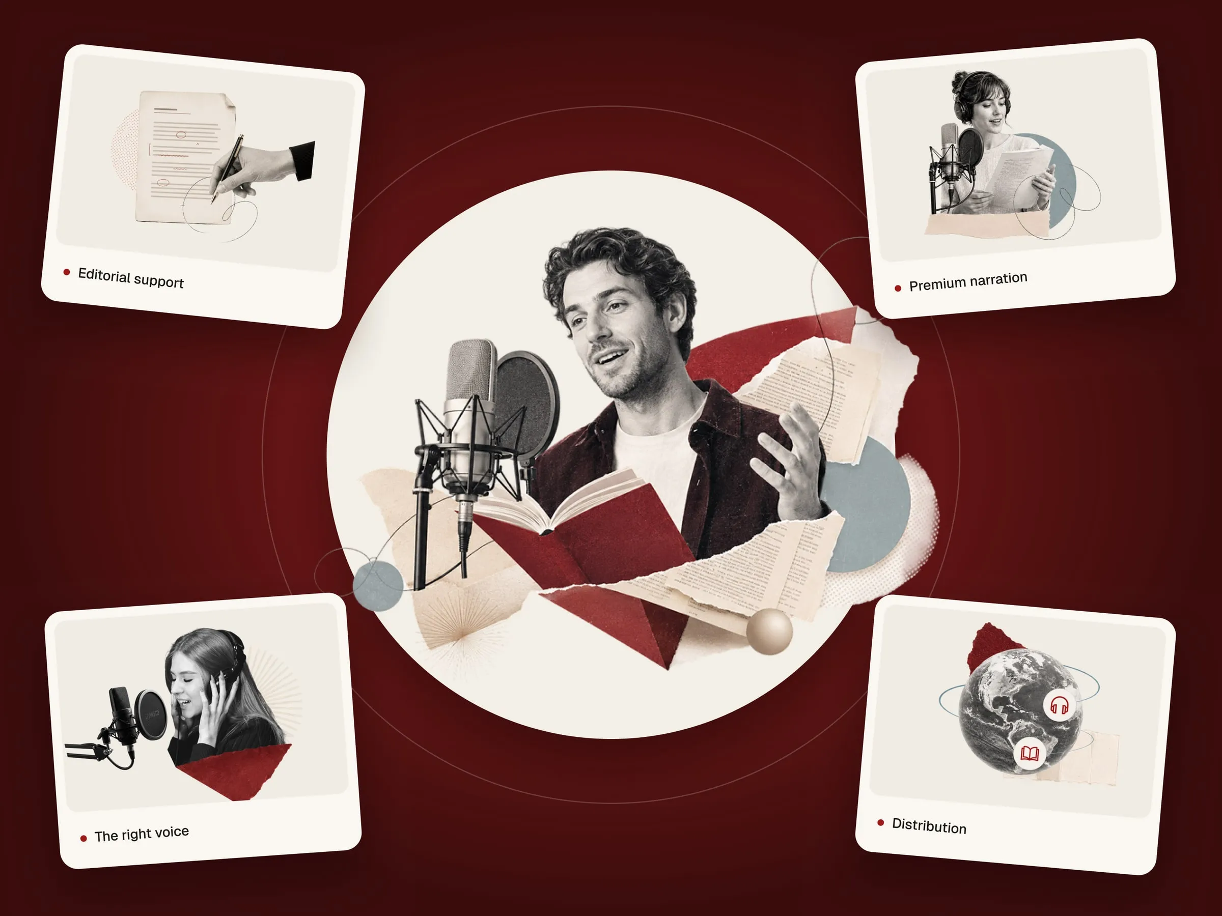 Audatio collage artwork for editorial support, narration, voices and distribution