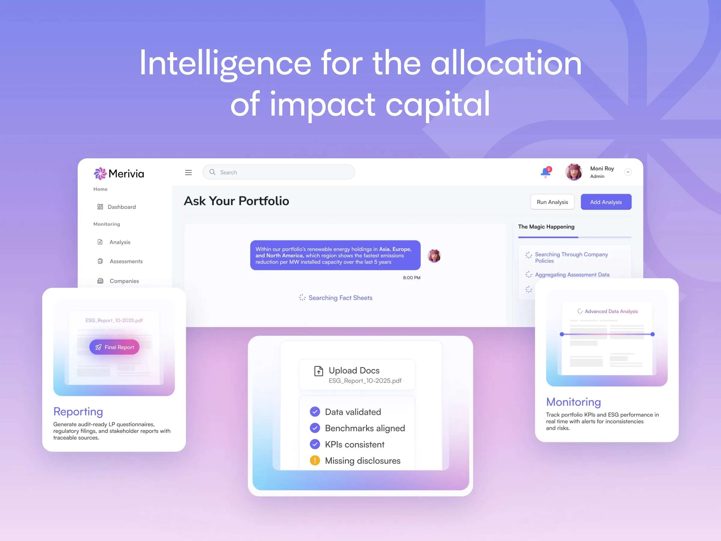 Merivia product preview with reporting, document upload and monitoring cards on a gradient