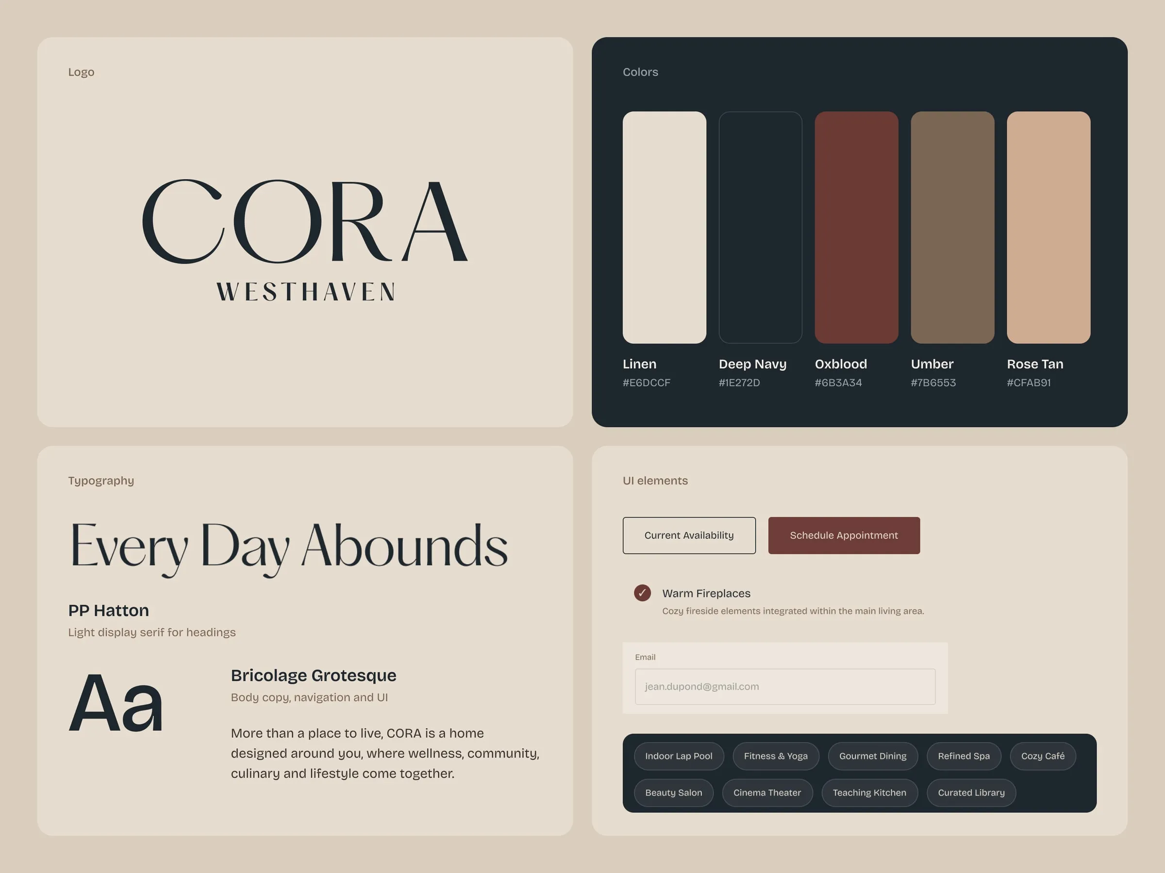 CORA Westhaven brand details, PP Hatton and Bricolage Grotesque type and colors