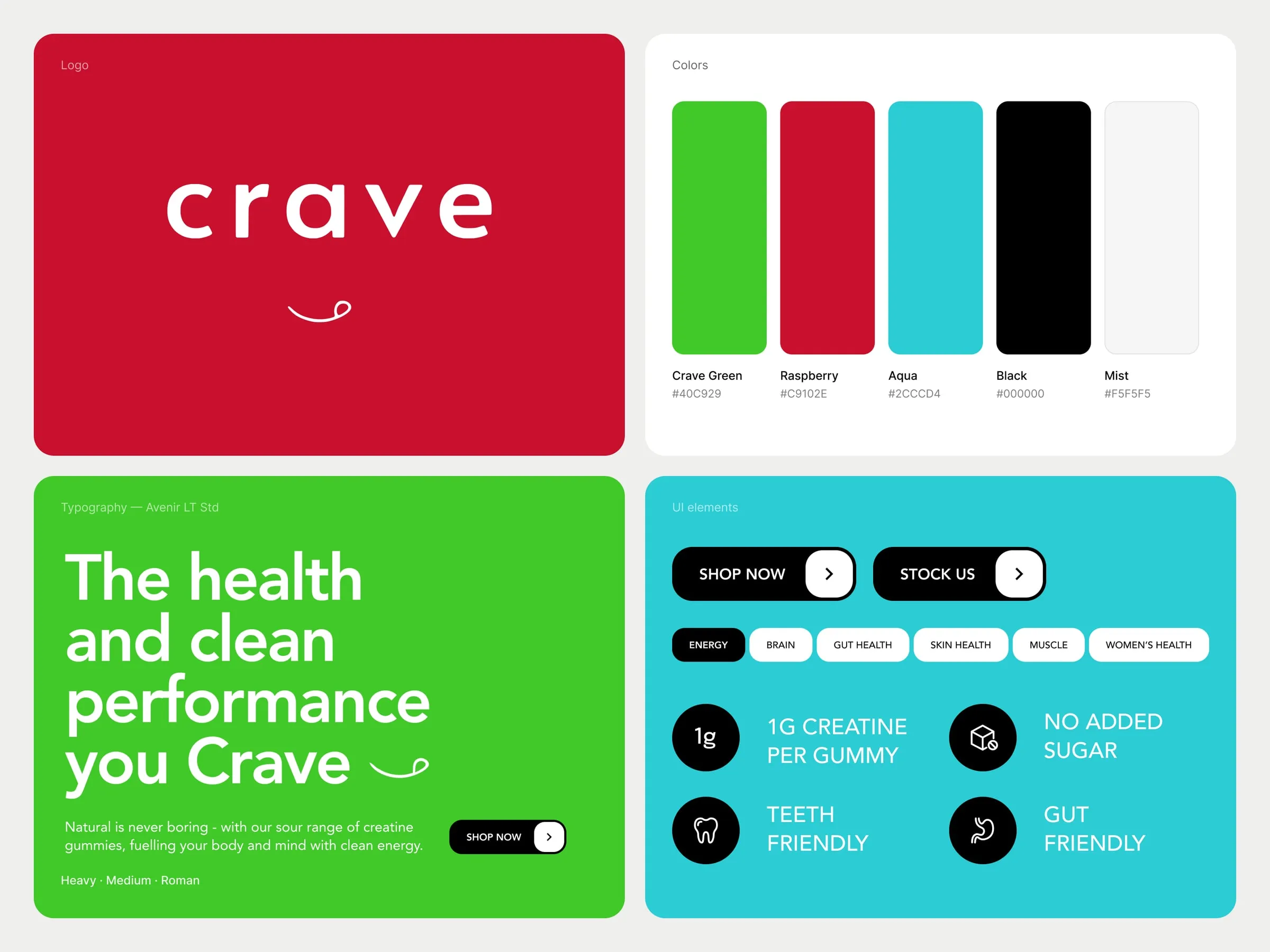 Crave brand details, Avenir type and colors