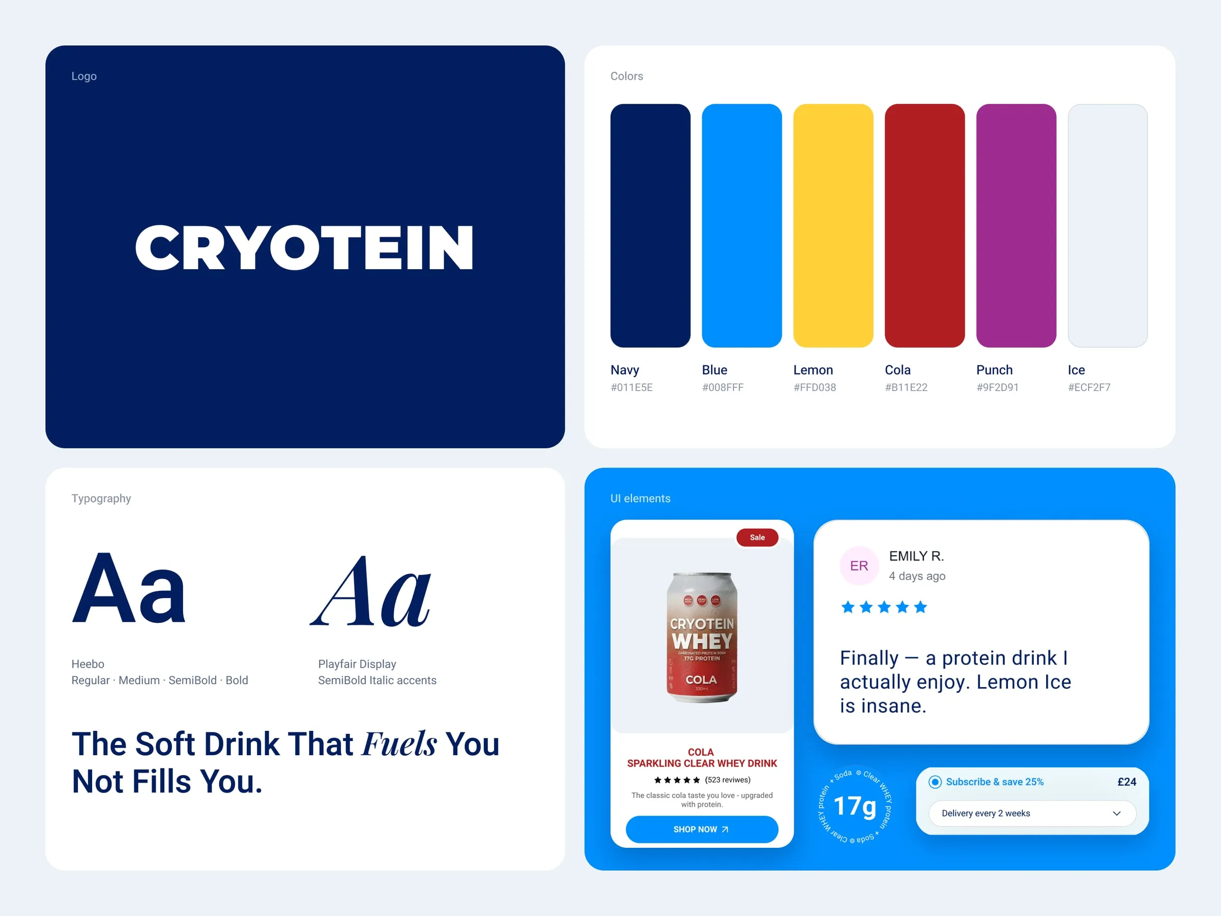 Cryotein brand details, Heebo and Playfair type and colors