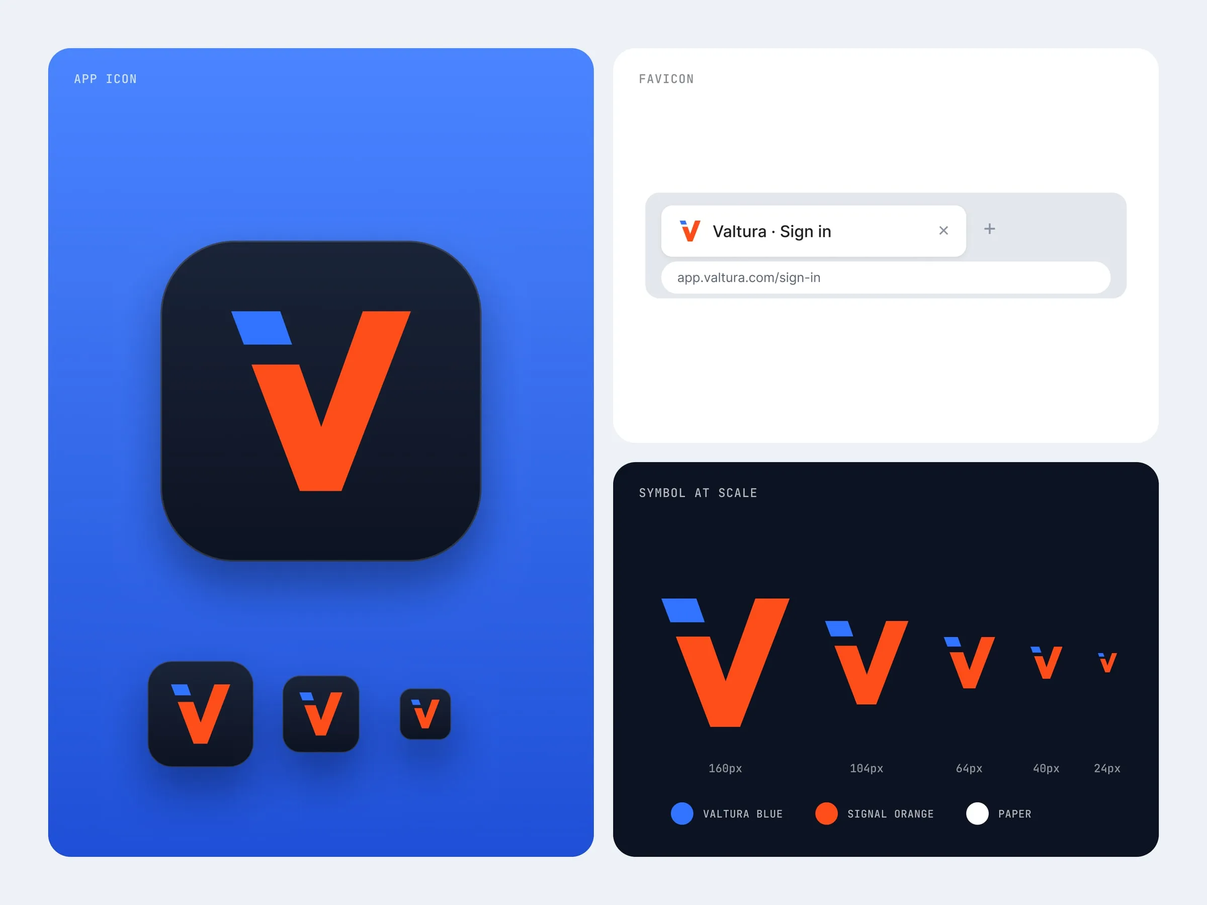 Valtura symbol as an app icon, favicon and at small sizes