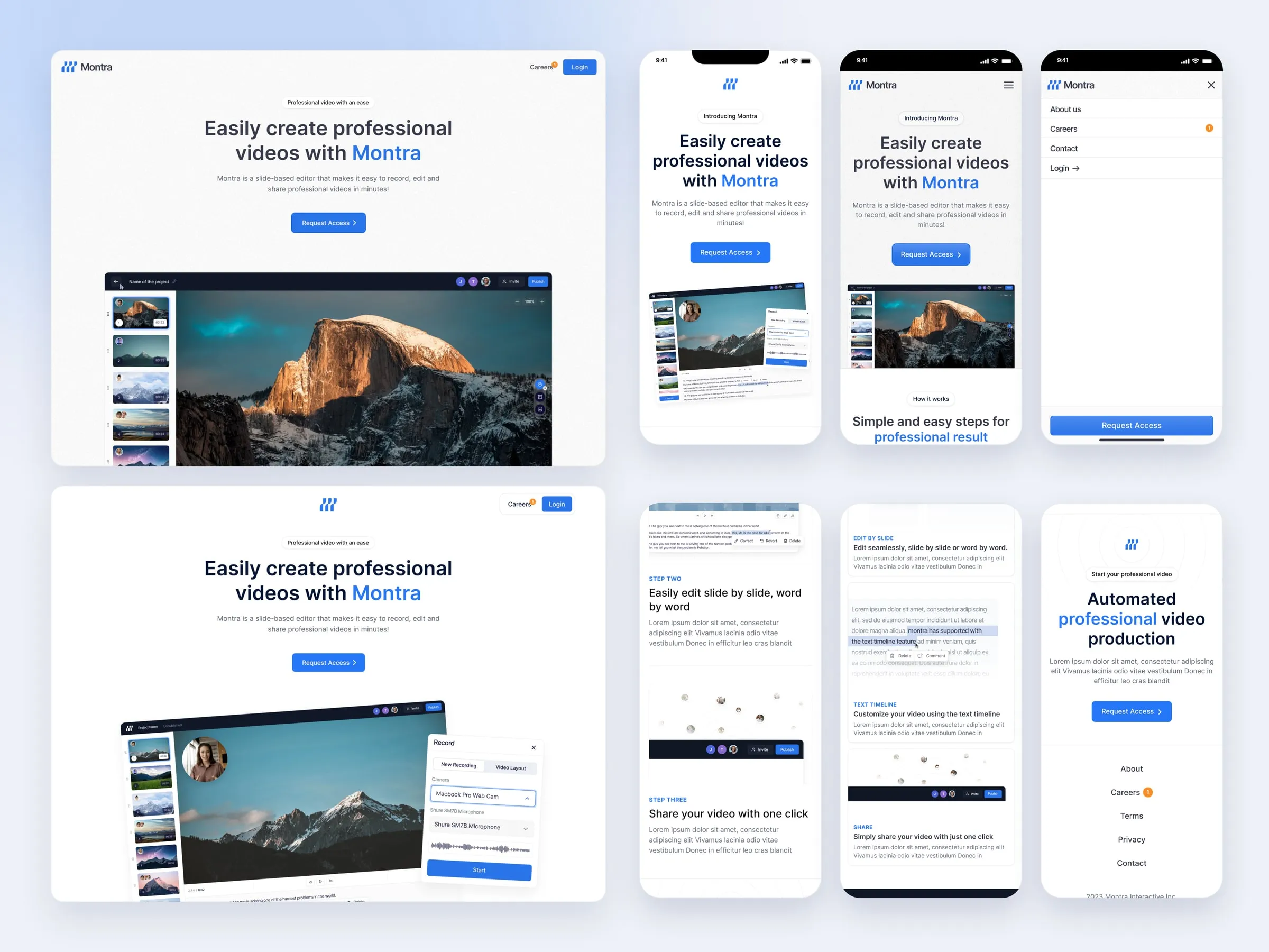 Montra's early light landing pages on desktop and mobile