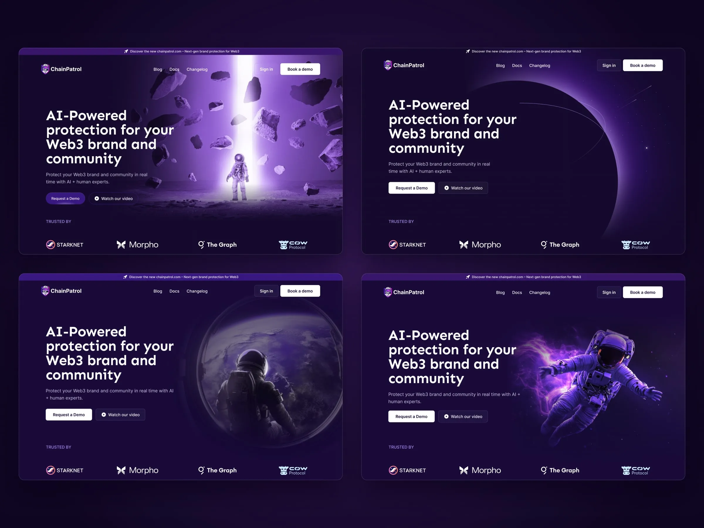 Four ChainPatrol hero concepts with astronauts and planets