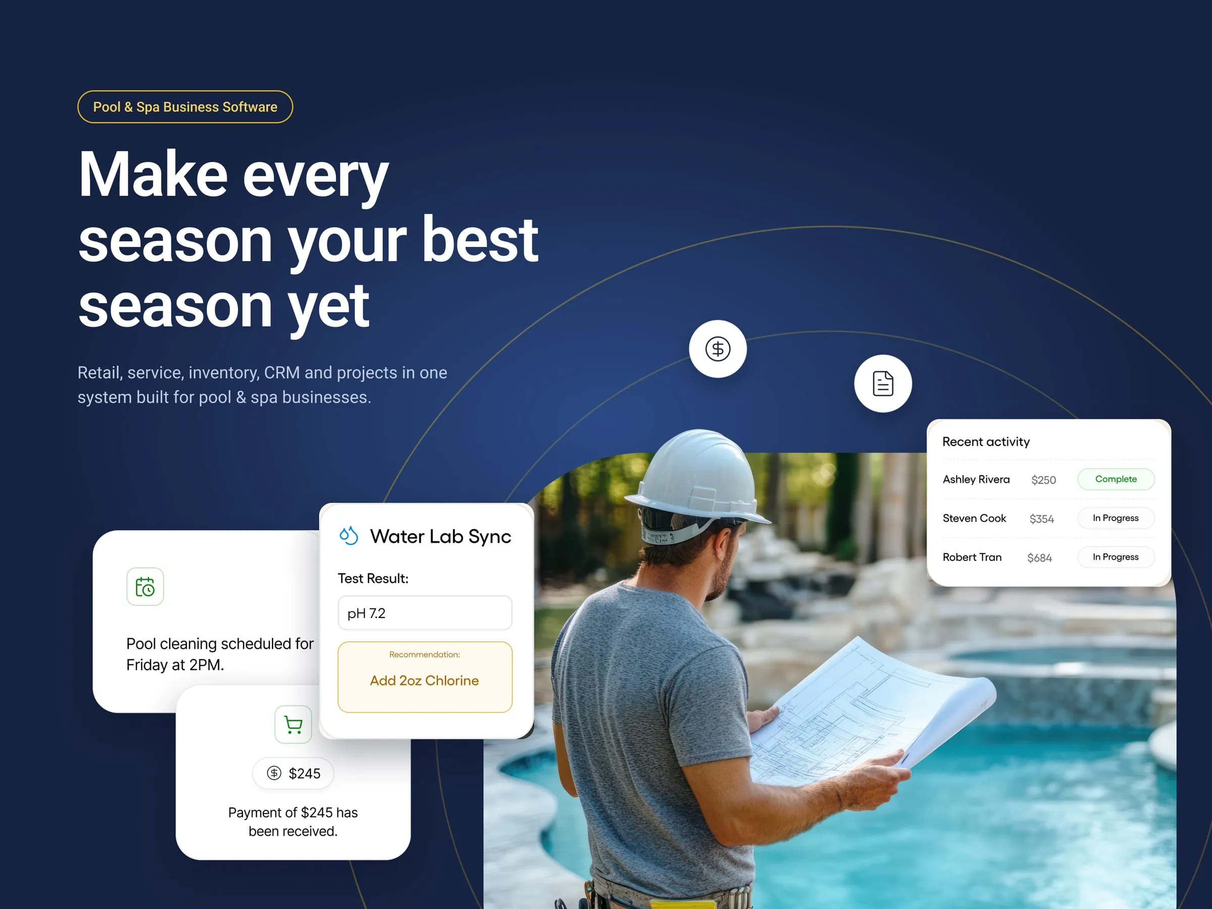 RB Pool & Spa hero artwork, "Make every season your best season yet", with a technician and product UI cards