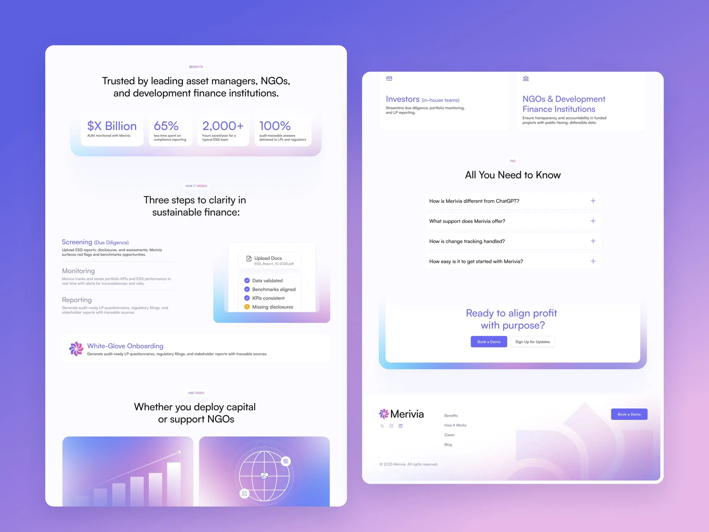 Merivia home page sections, from key figures and the three-step workflow to the FAQ and footer