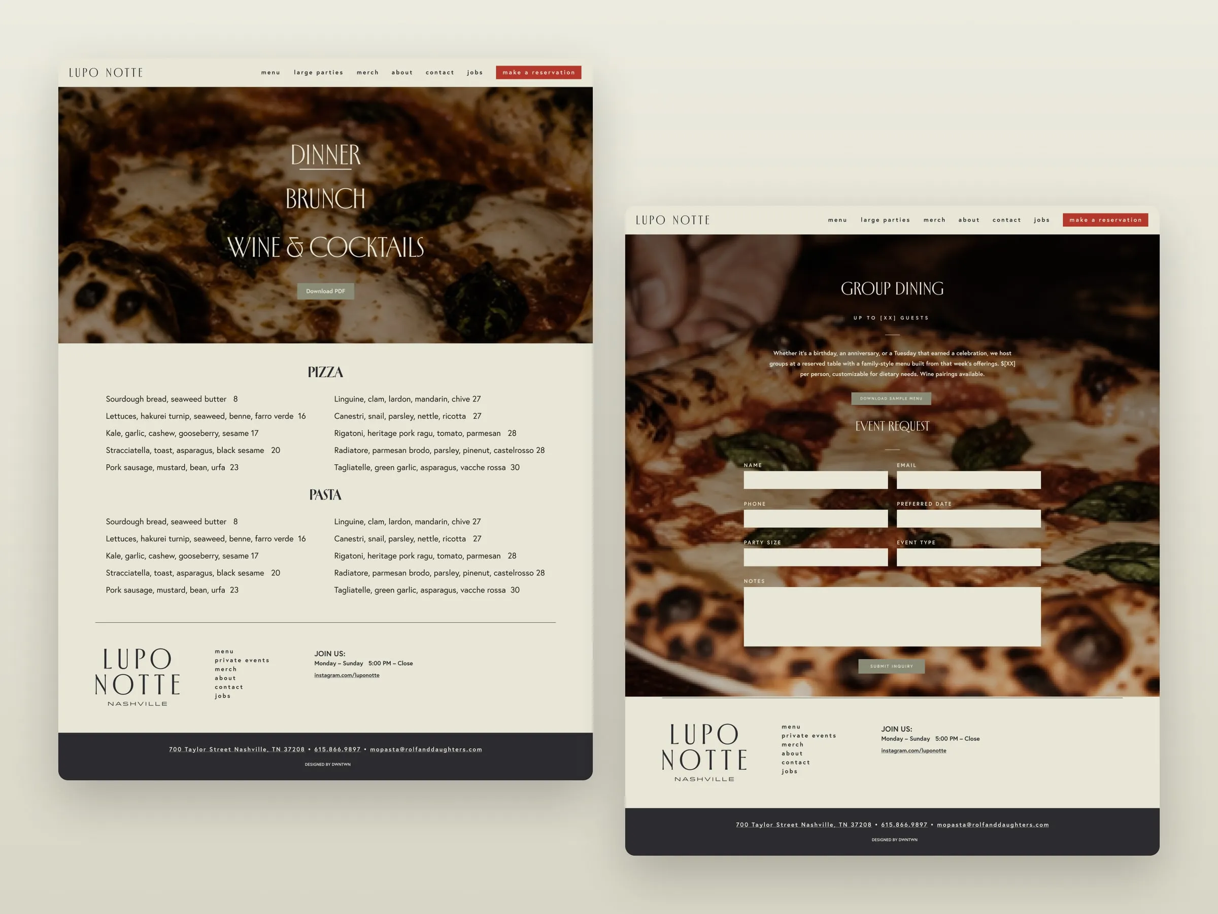 Lupo Notte menu and private events pages