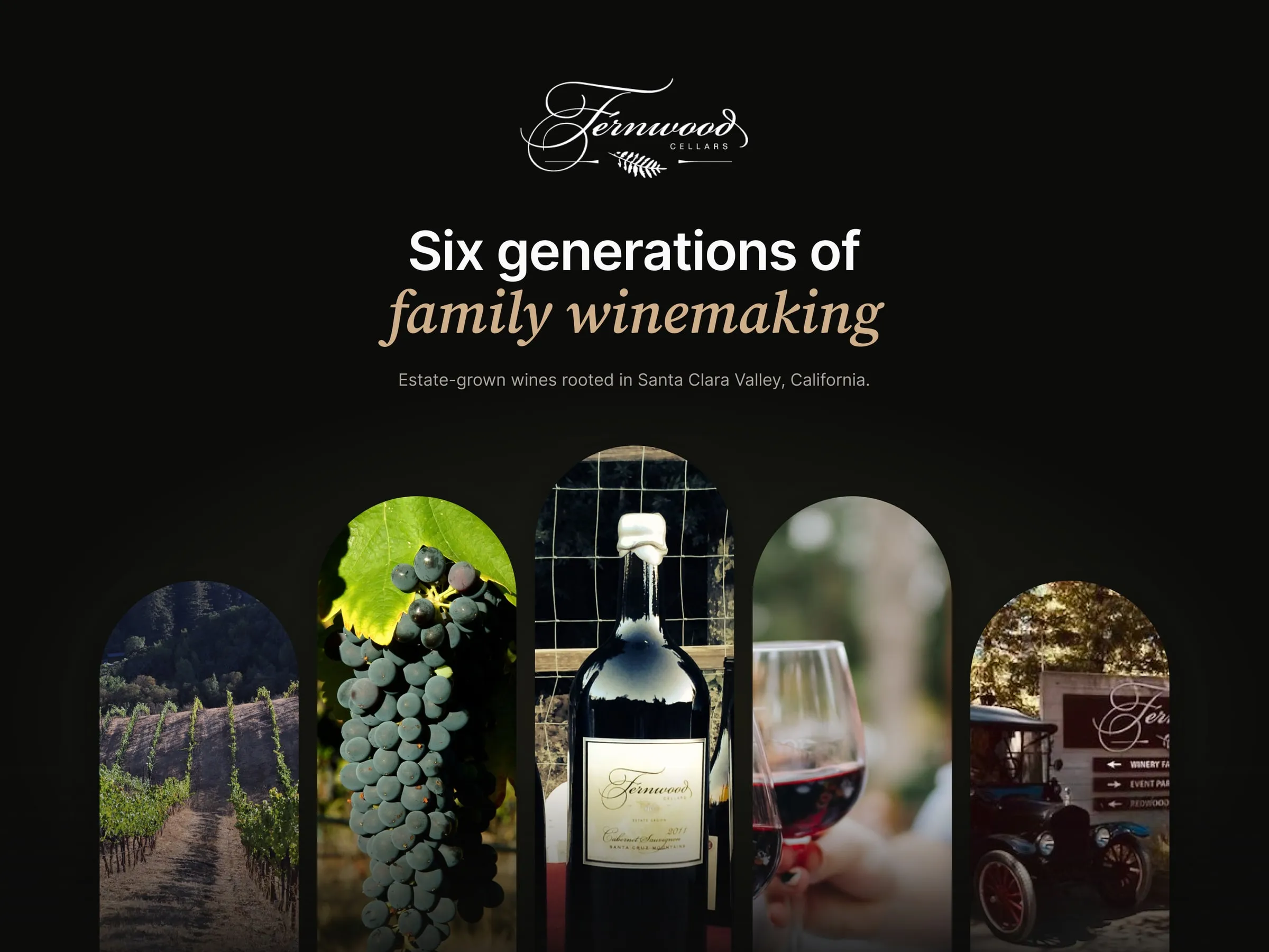 Fernwood Cellars creative artwork with arched vineyard photography