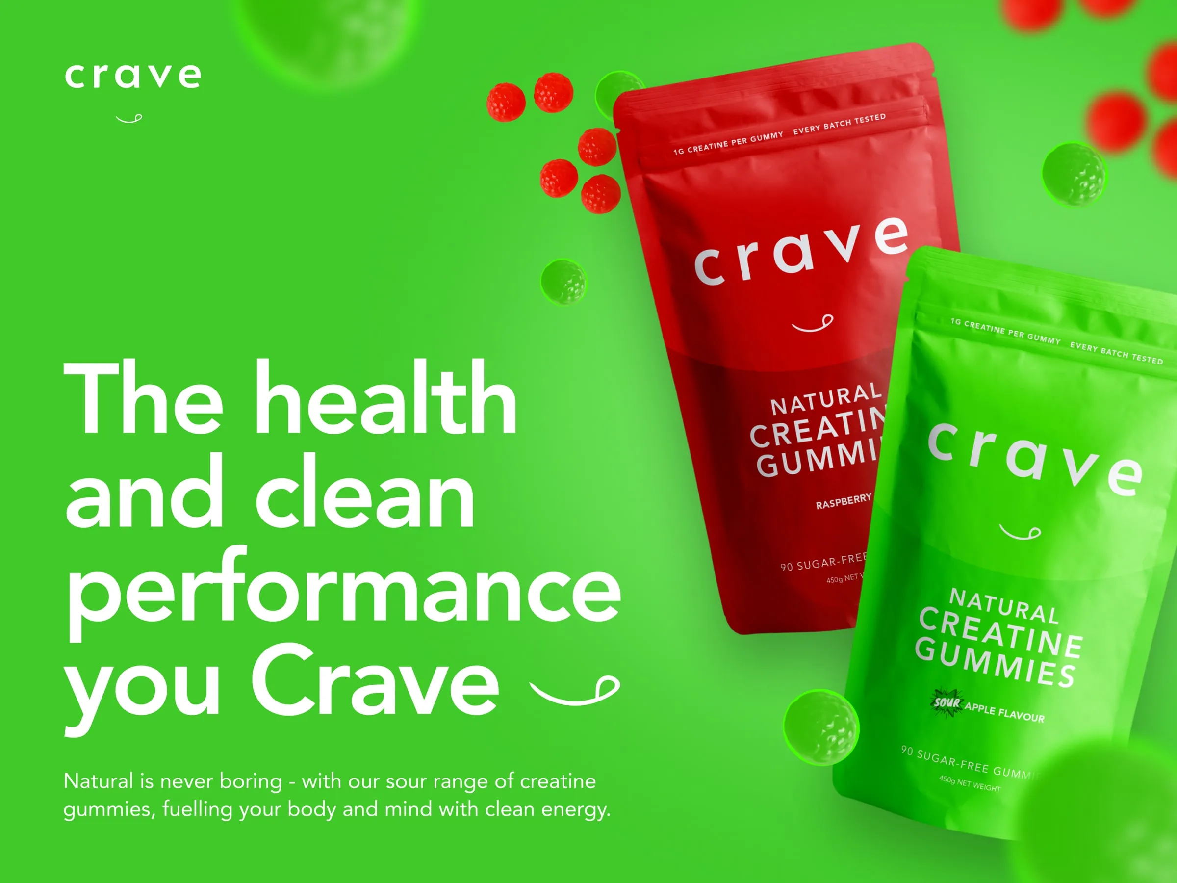 Crave creative artwork with floating pouches and gummies