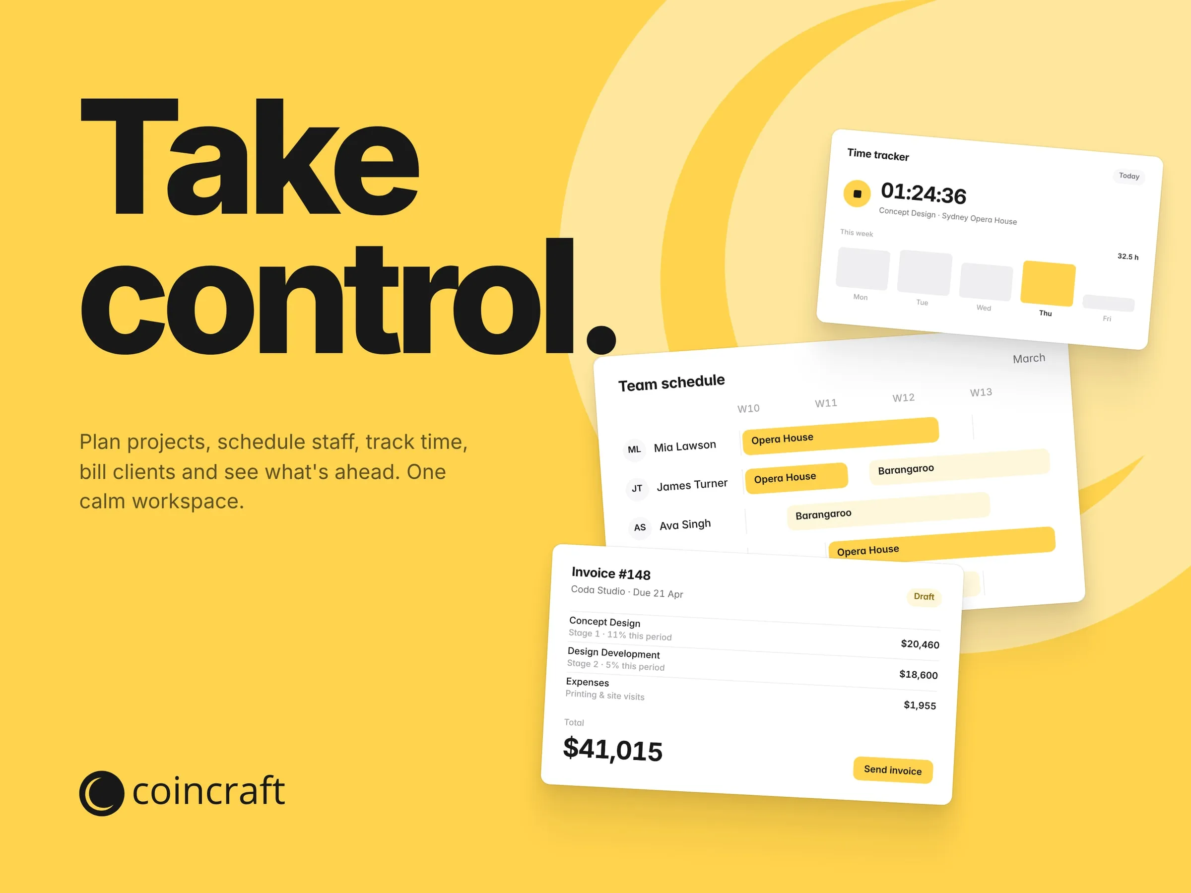Coincraft "Take control" artwork with product UI cards