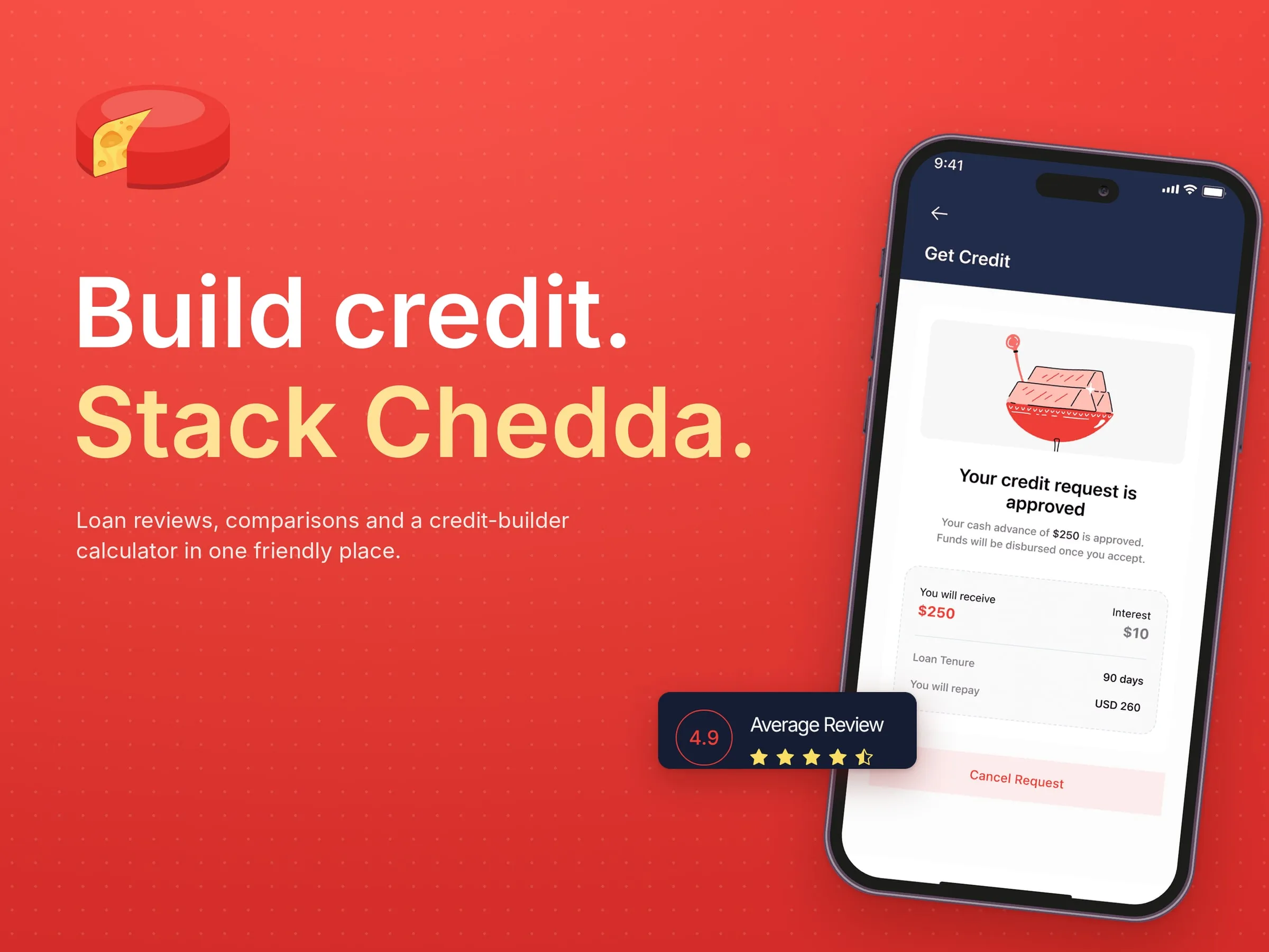Chedda creative artwork with the cheese-wheel brand and app mockups