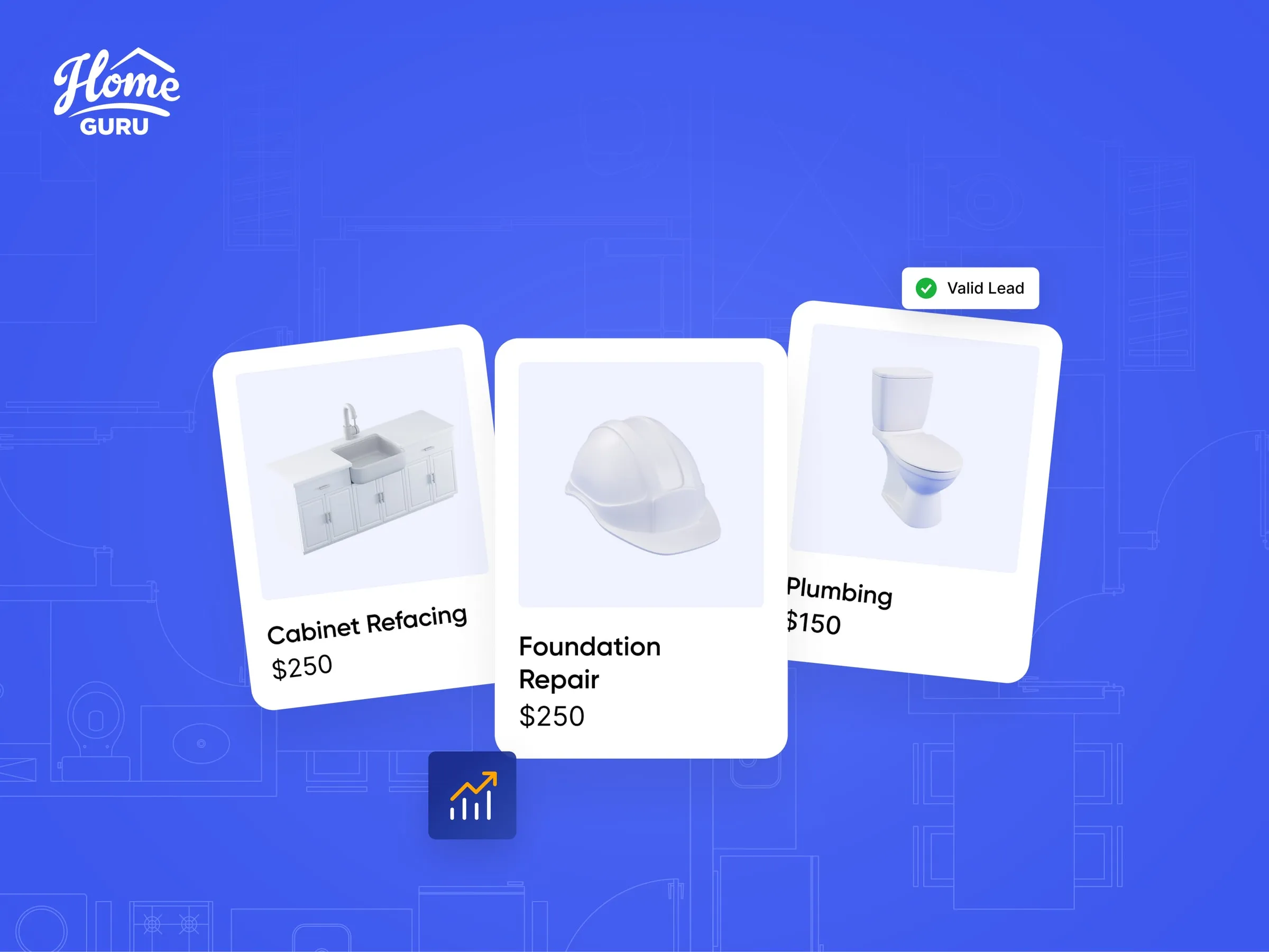 HomeGuru creative artwork with blueprint line art and dashboard cards