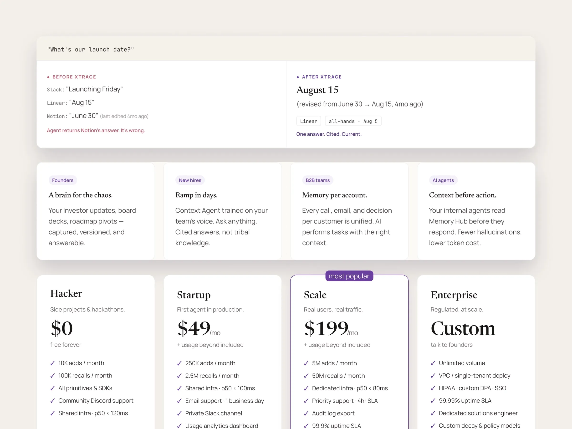 Close-ups of XTrace home sections, a before-and-after answer, audience cards and pricing plans