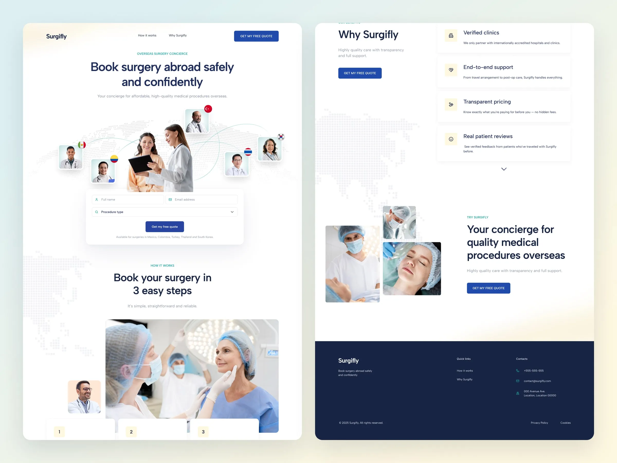 Surgifly home page in full, from the hero to the steps, benefits, call to action and footer