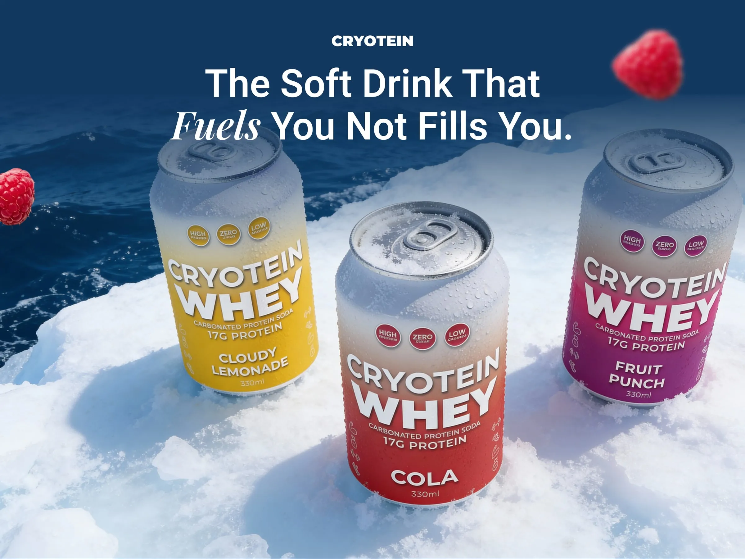 Cryotein creative artwork with icy product photography