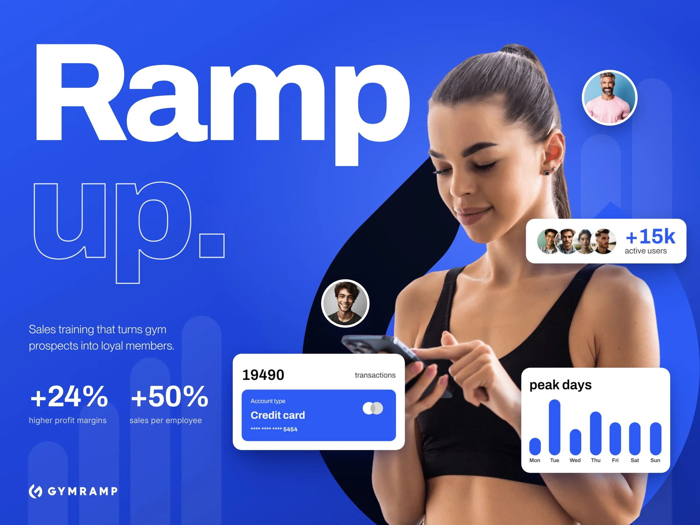 GymRamp "Ramp up" artwork with dashboard cards