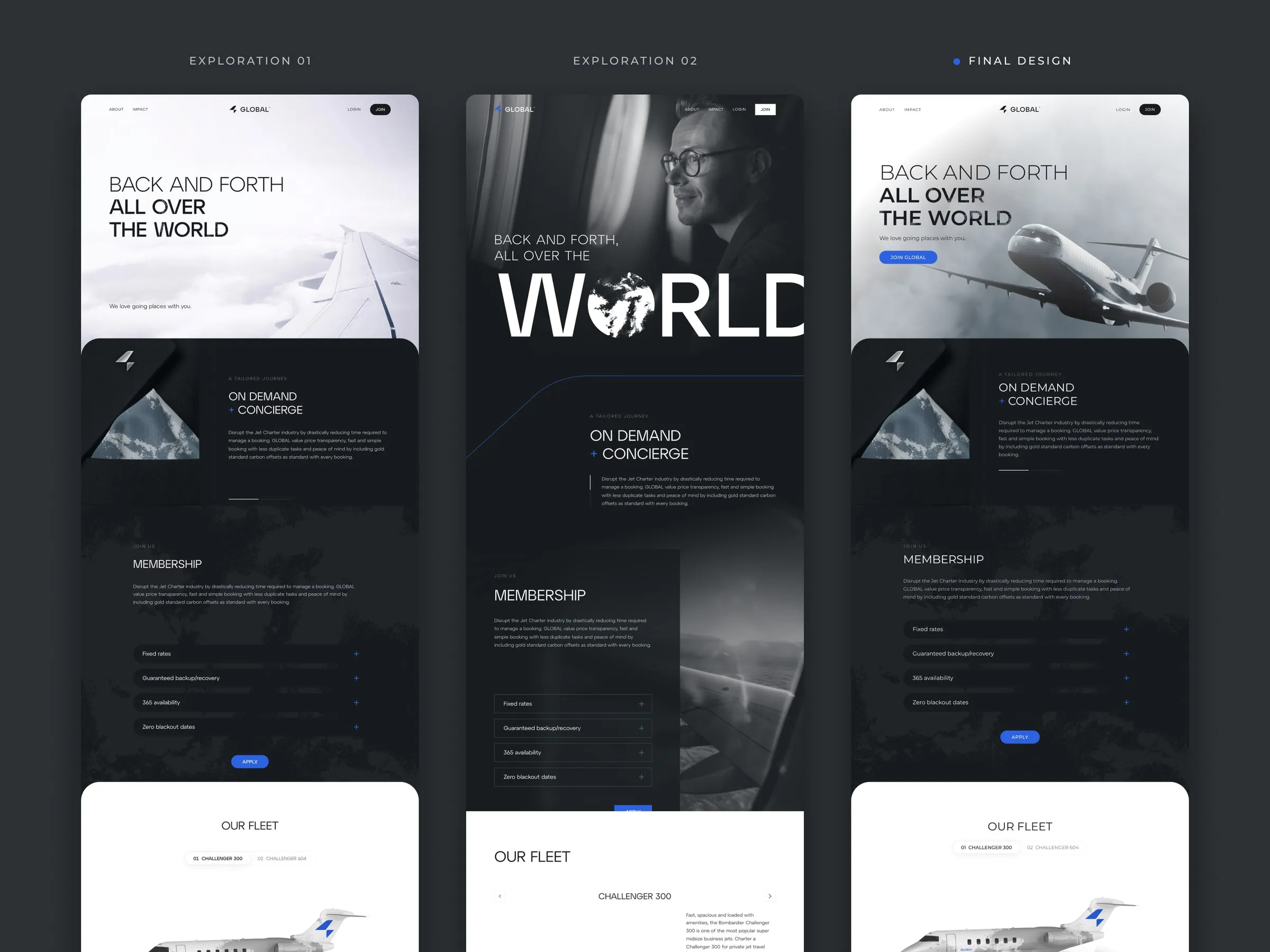Two Global design explorations next to the final design