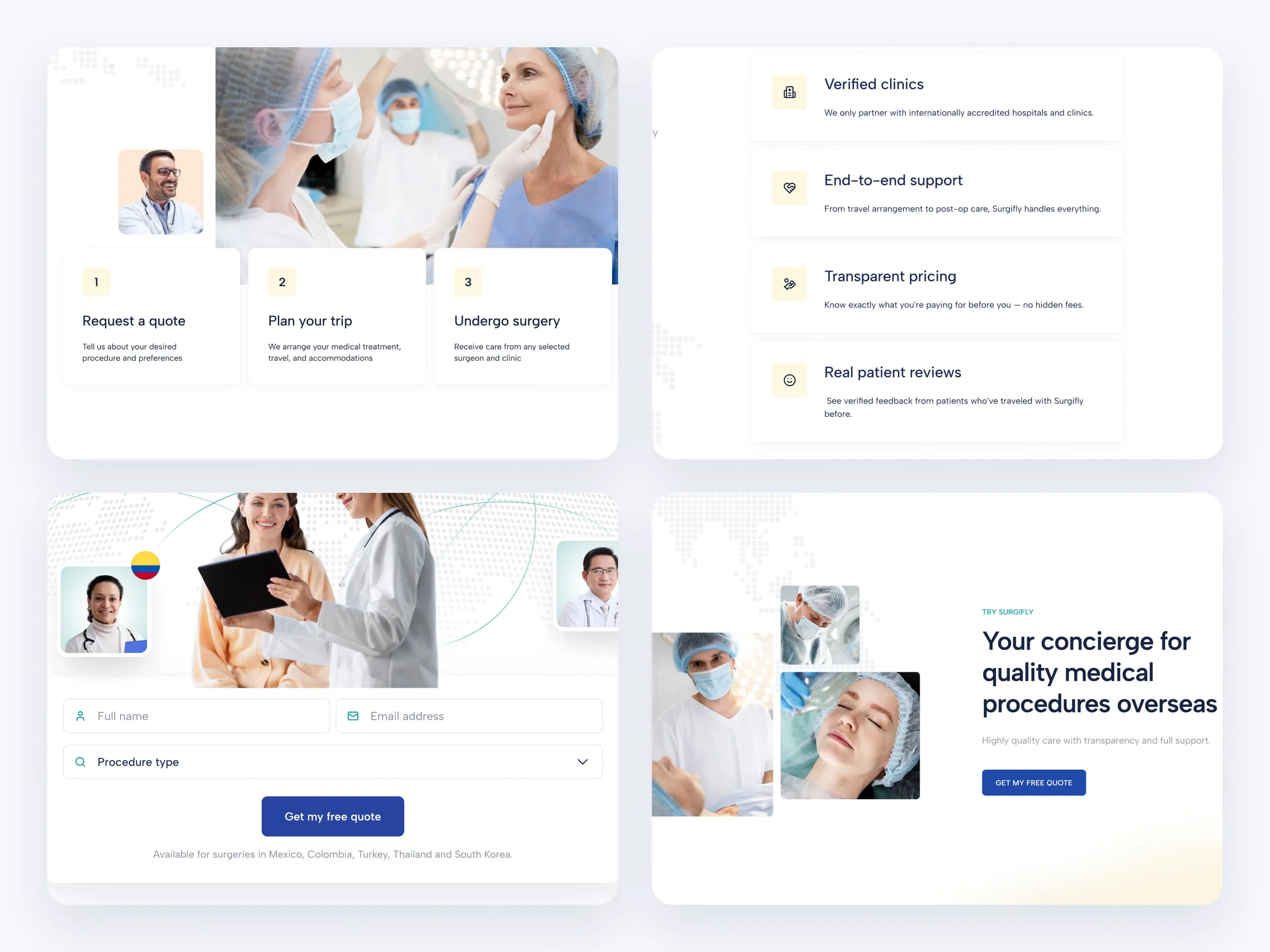 Close-ups of Surgifly's three steps, benefits, quote form and call to action