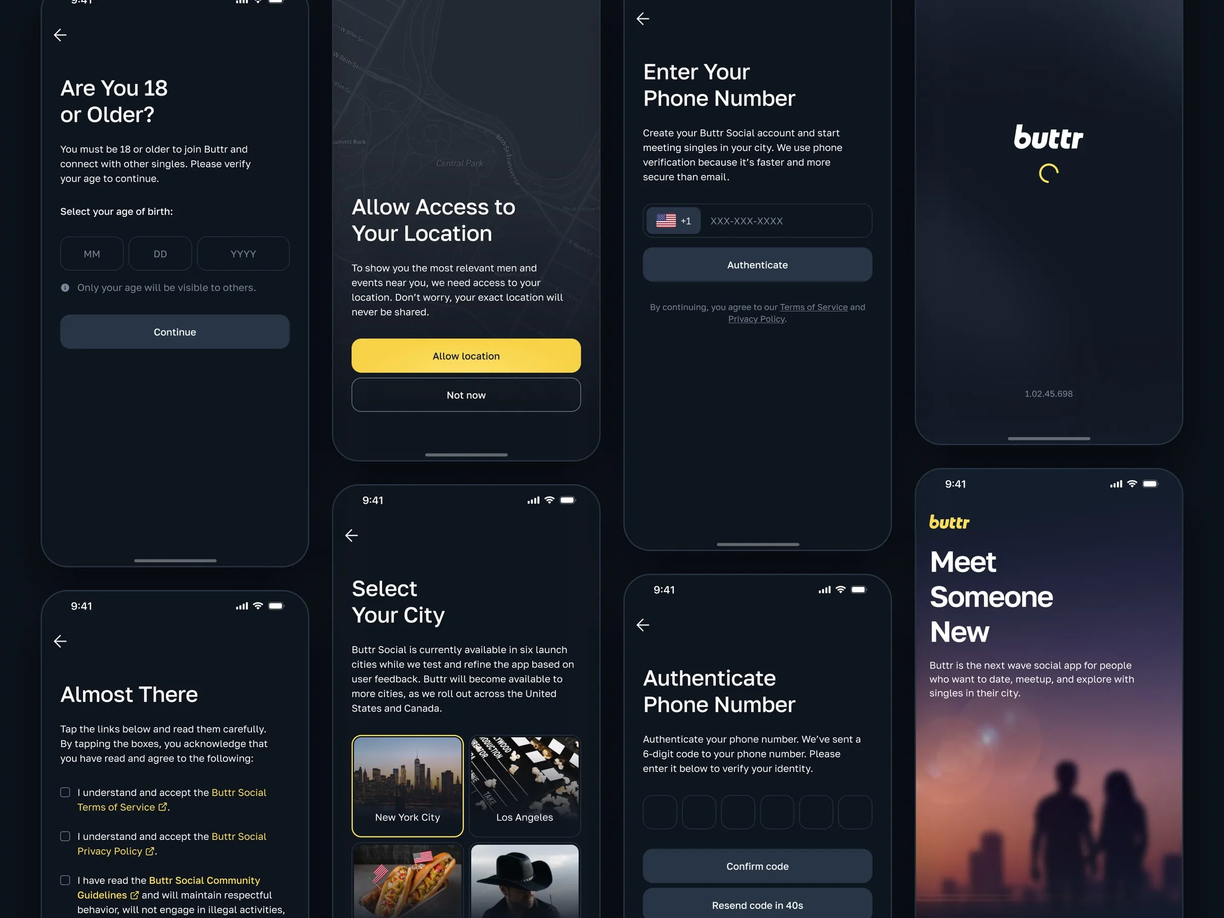 Buttr onboarding screens with phone, age and location steps