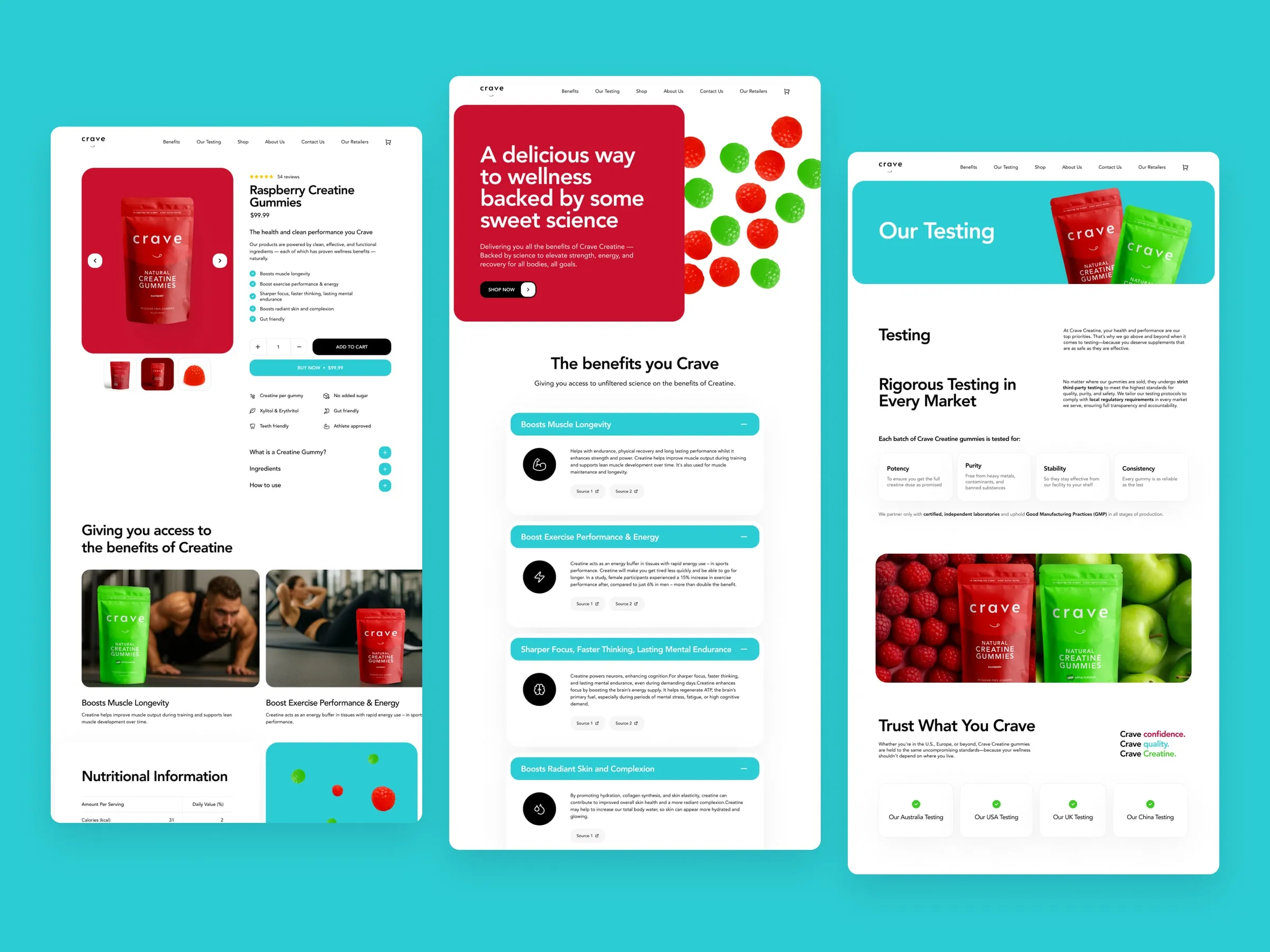 Crave product, benefits and testing pages