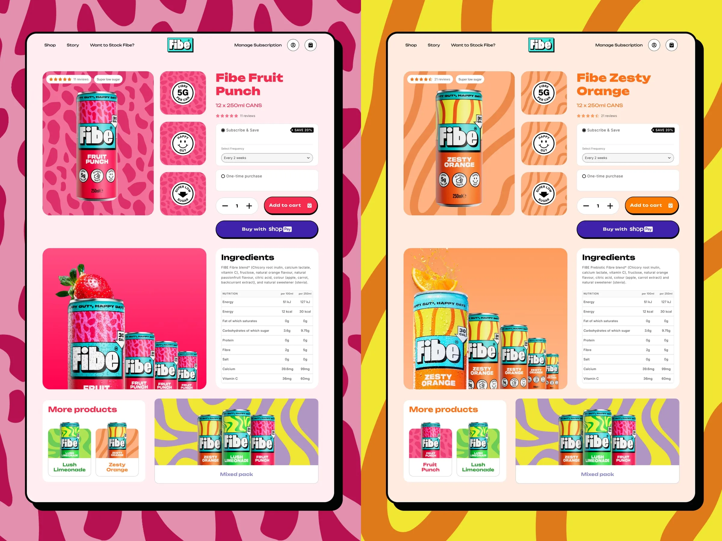 Fibe Fruit Punch and Zesty Orange product pages