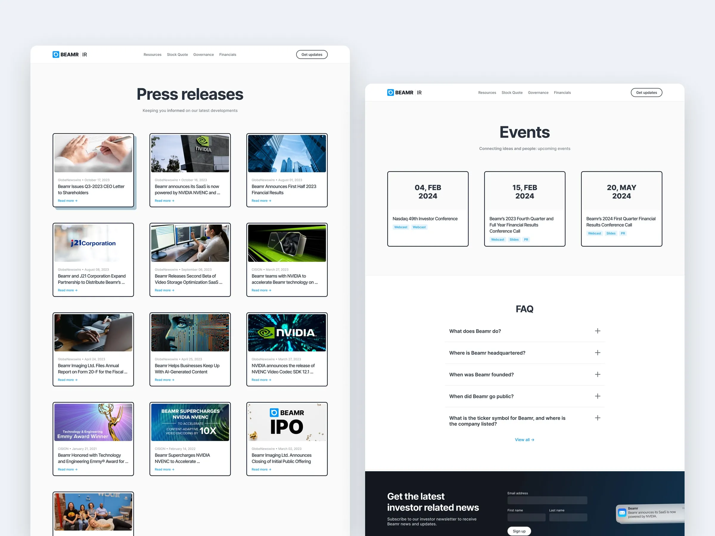 Beamr press releases and events pages