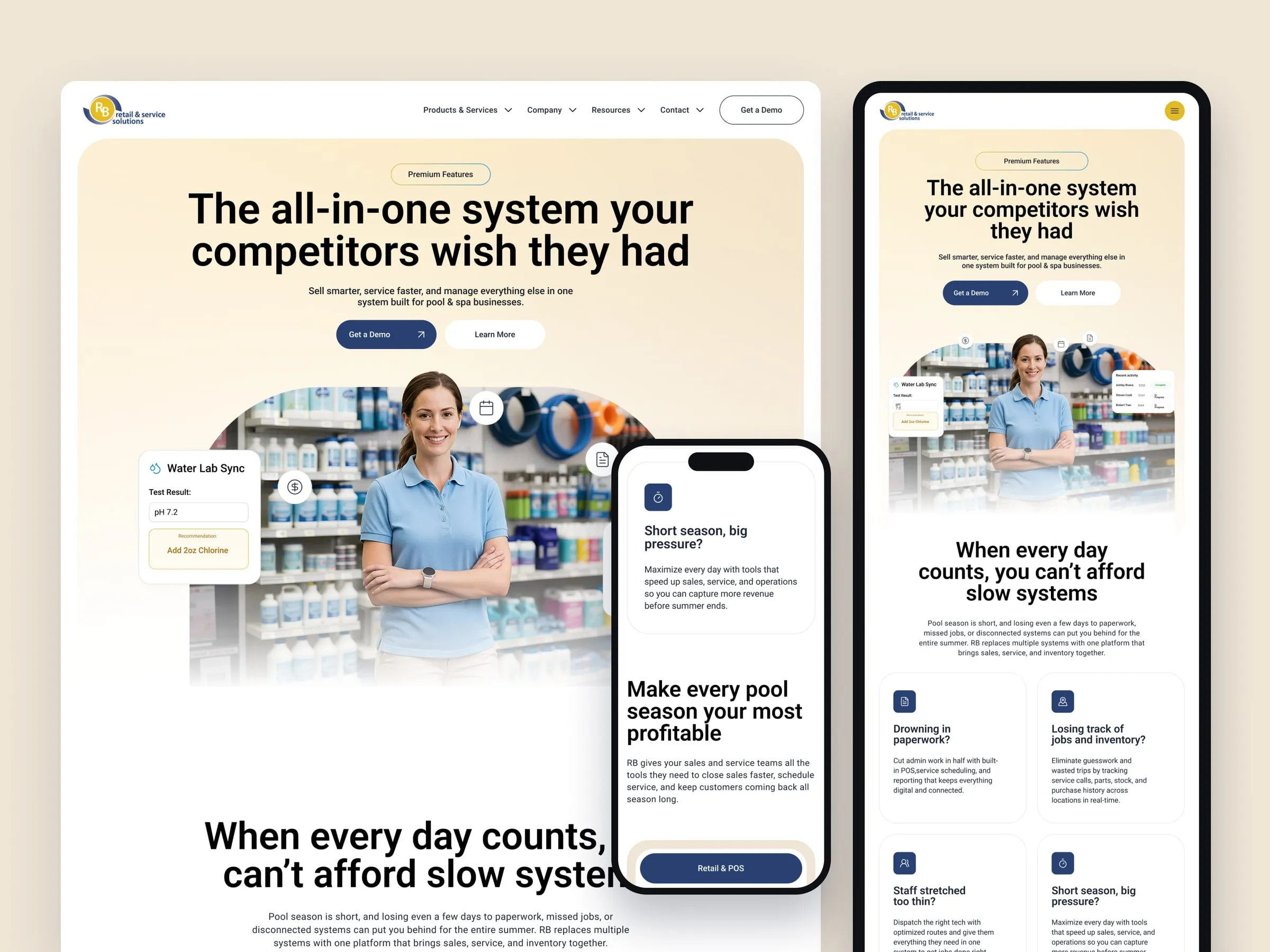 RB Pool & Spa premium features page on desktop and mobile