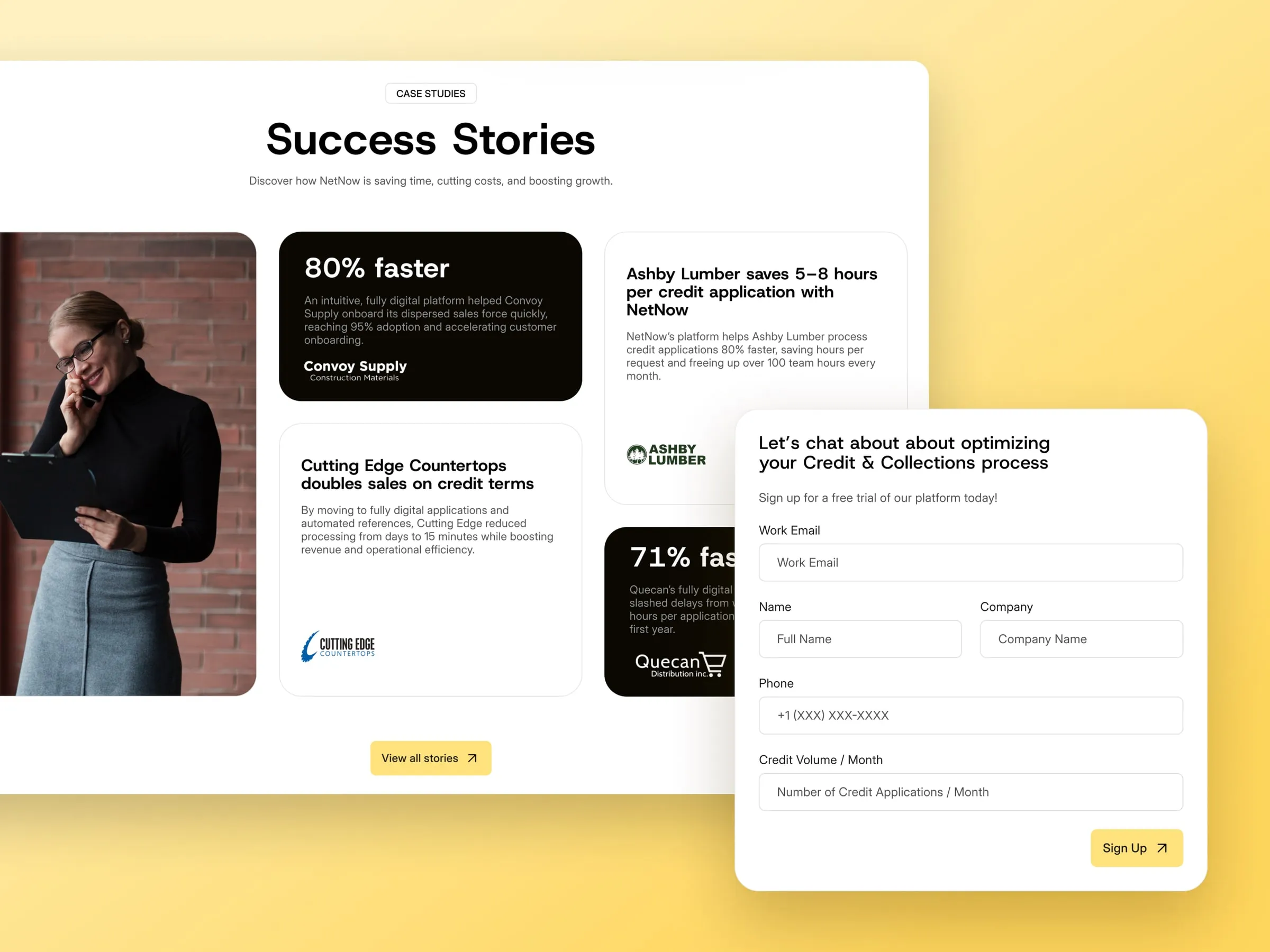 Close-ups of NetNow's success stories and the credit application form