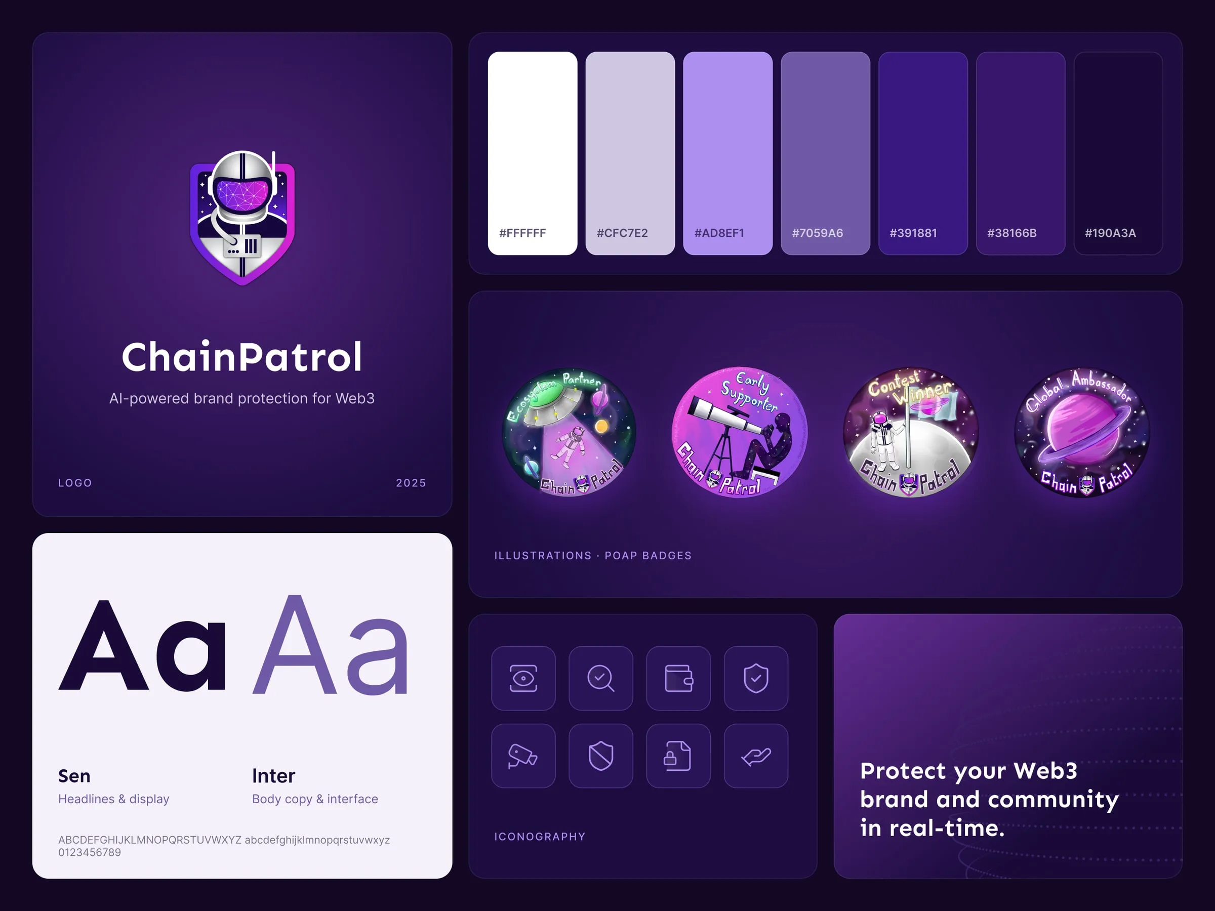 ChainPatrol brand details, logo, purple palette, illustrated badges, Sen and Inter type, and icons